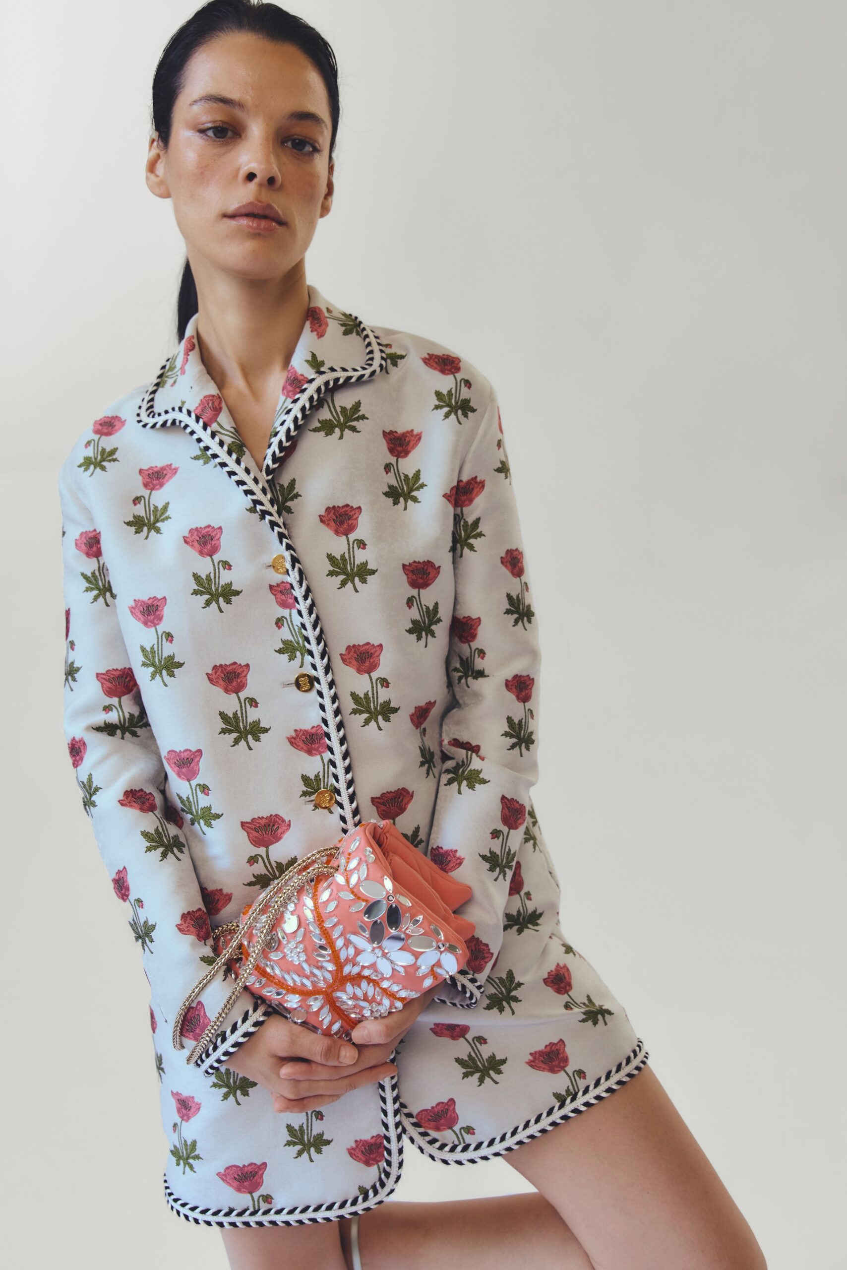 embroidered floral blazer with bag