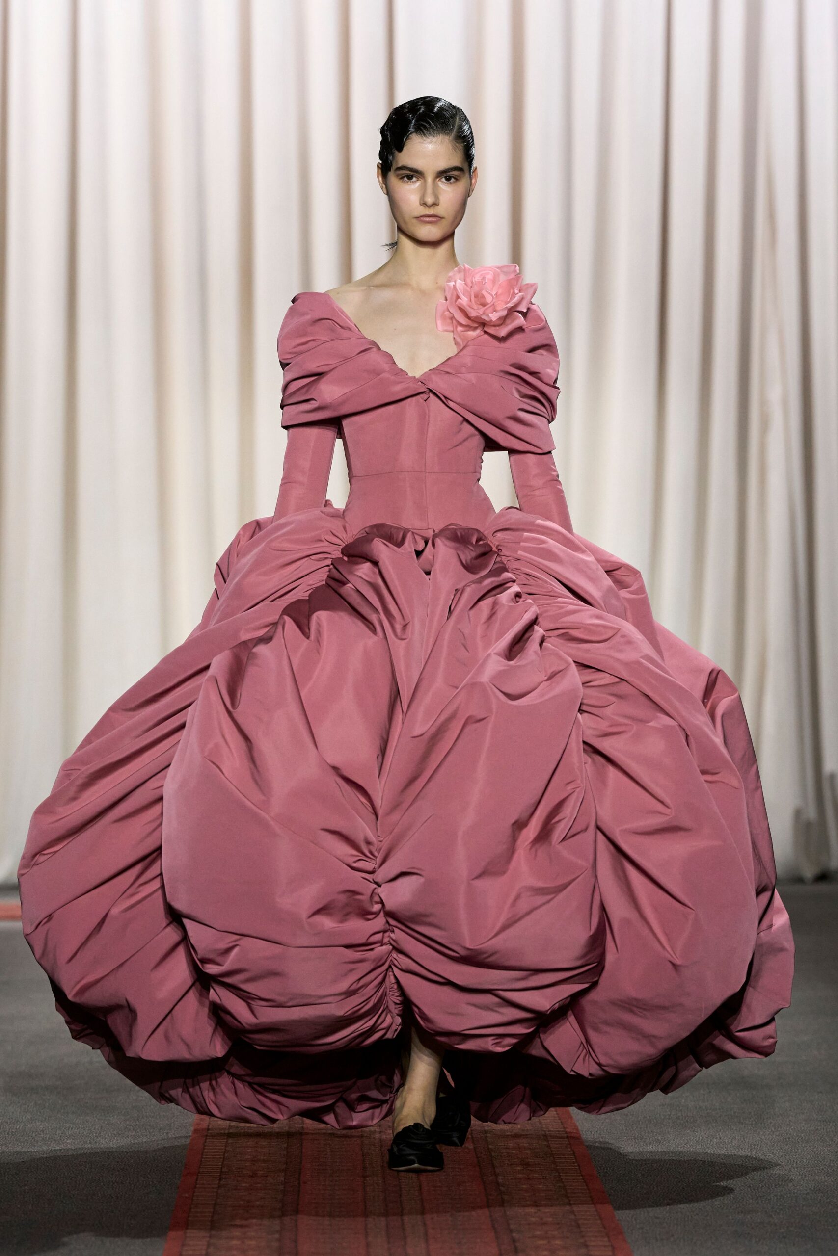 pink silk long-sleeve off-shoulder fitted pleated draped gown