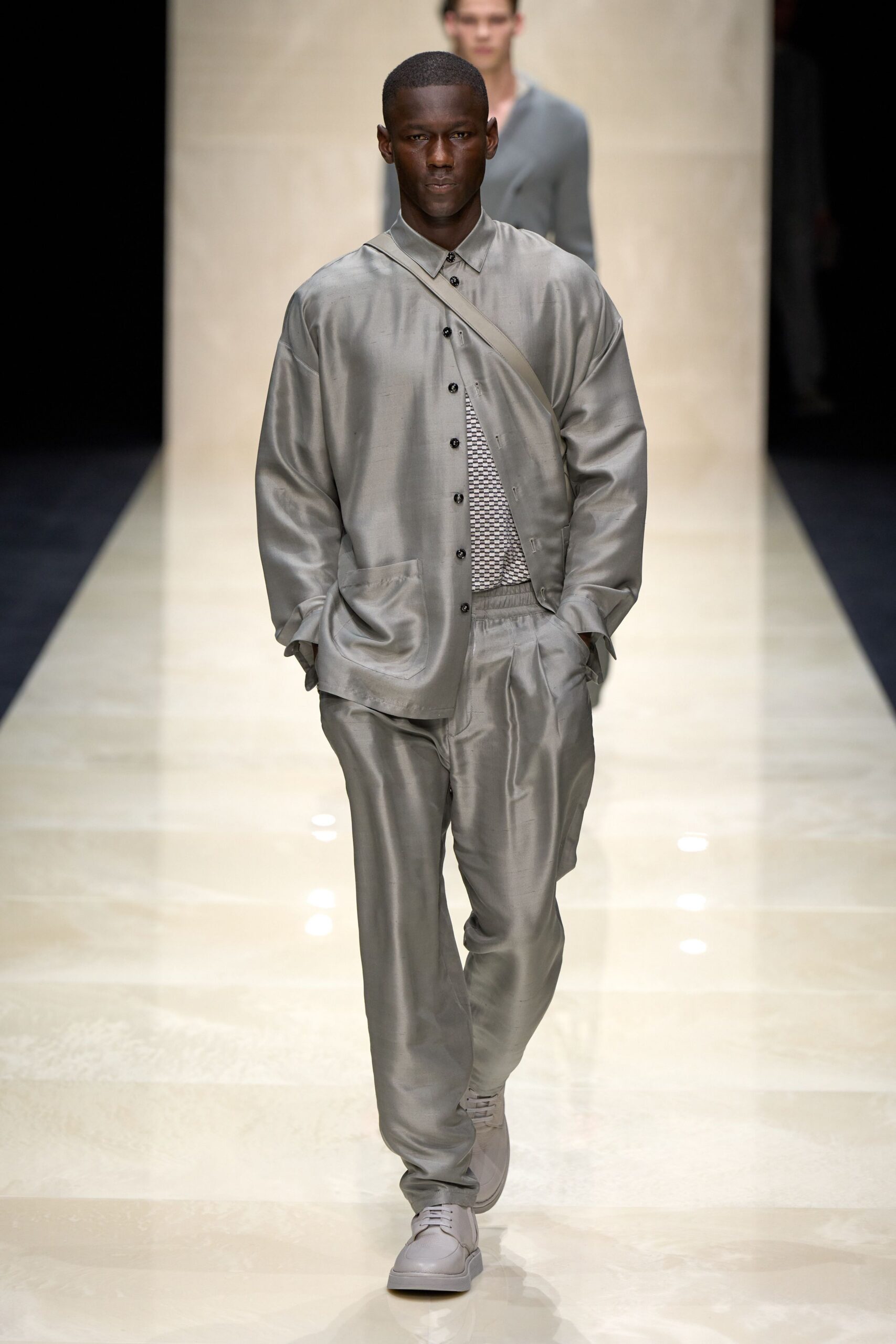 gray silk long-sleeve collared relaxed shiny jacket