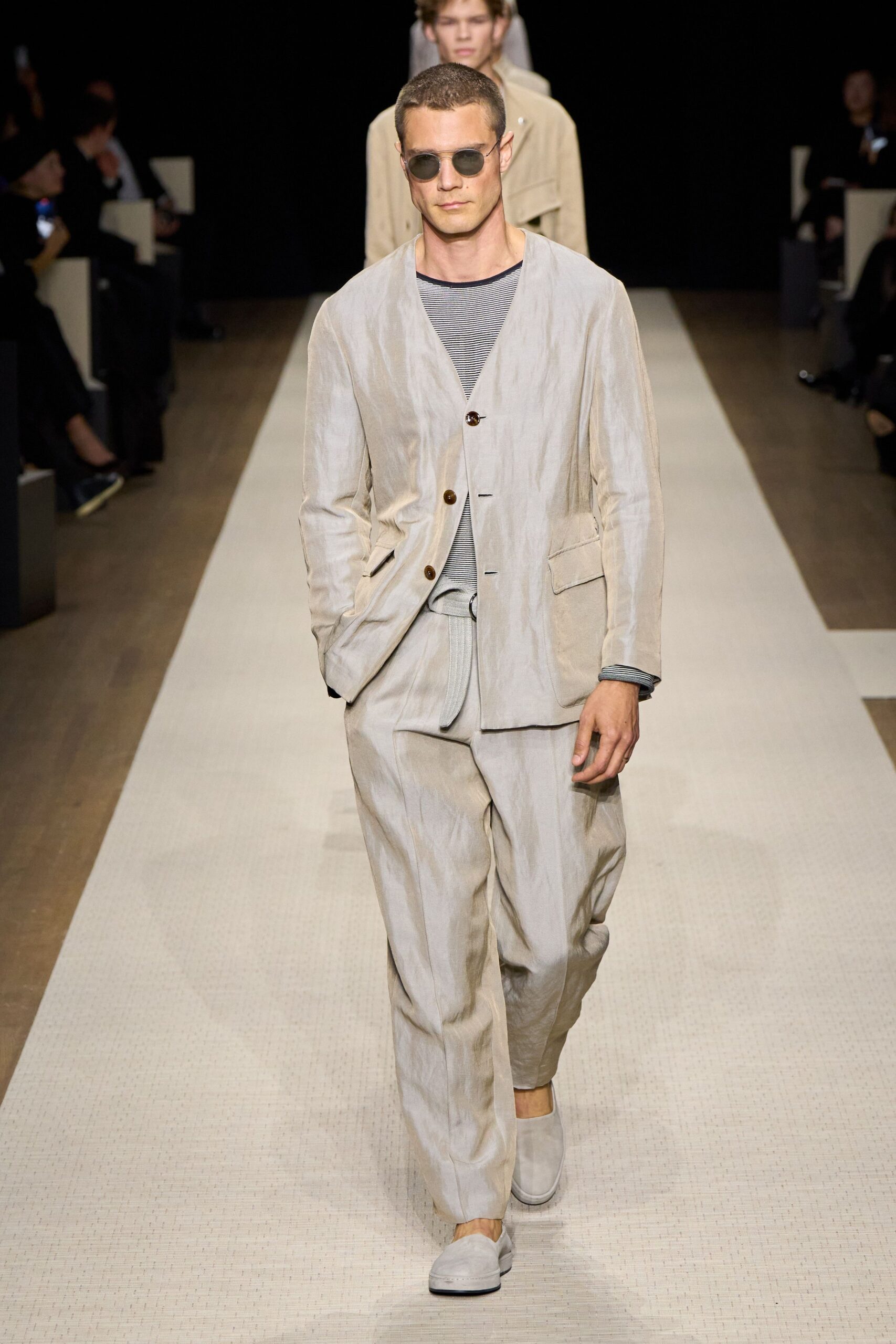 beige linen suit with gray shirt