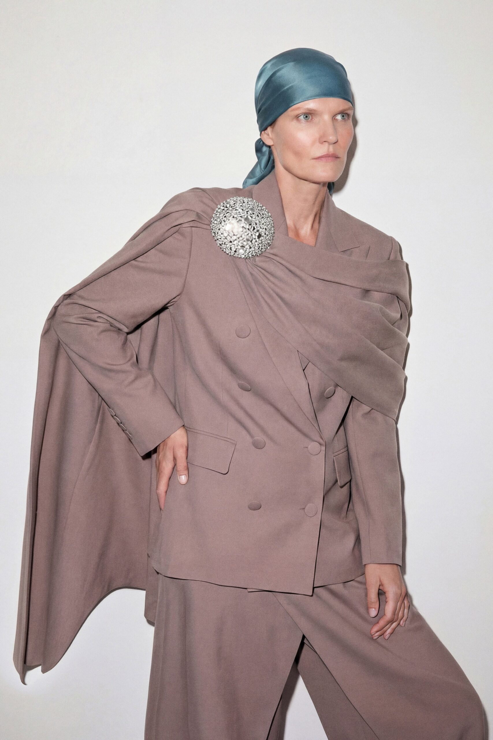beige silk long-sleeve double-breasted structured draped blazer