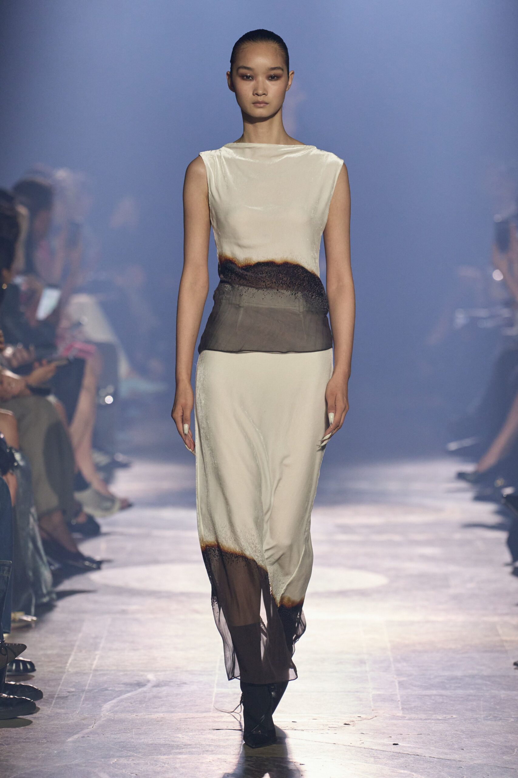 beige silk sleeveless high-neck fitted layered flowing dress