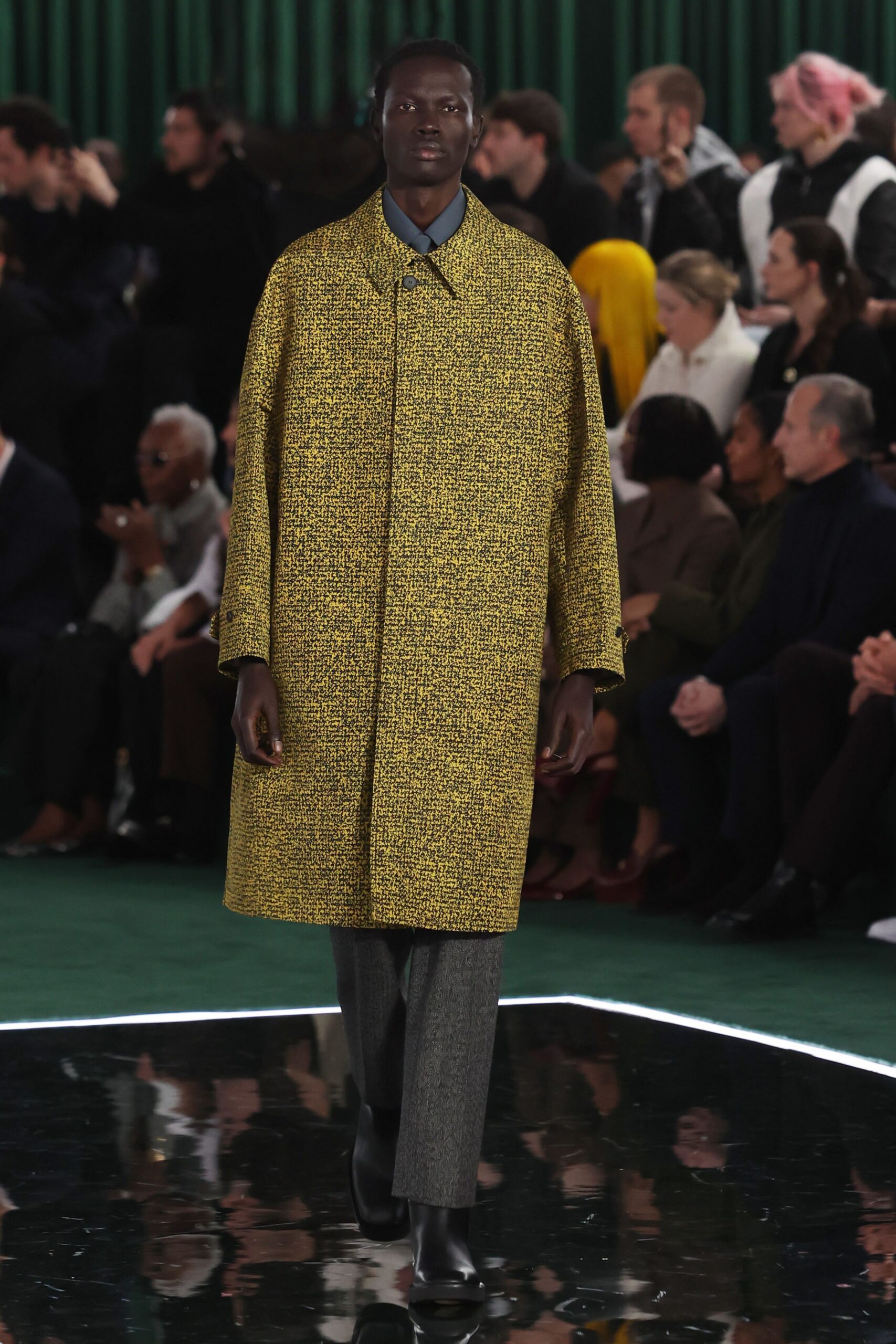 yellow wool long-sleeve collared relaxed textured coat