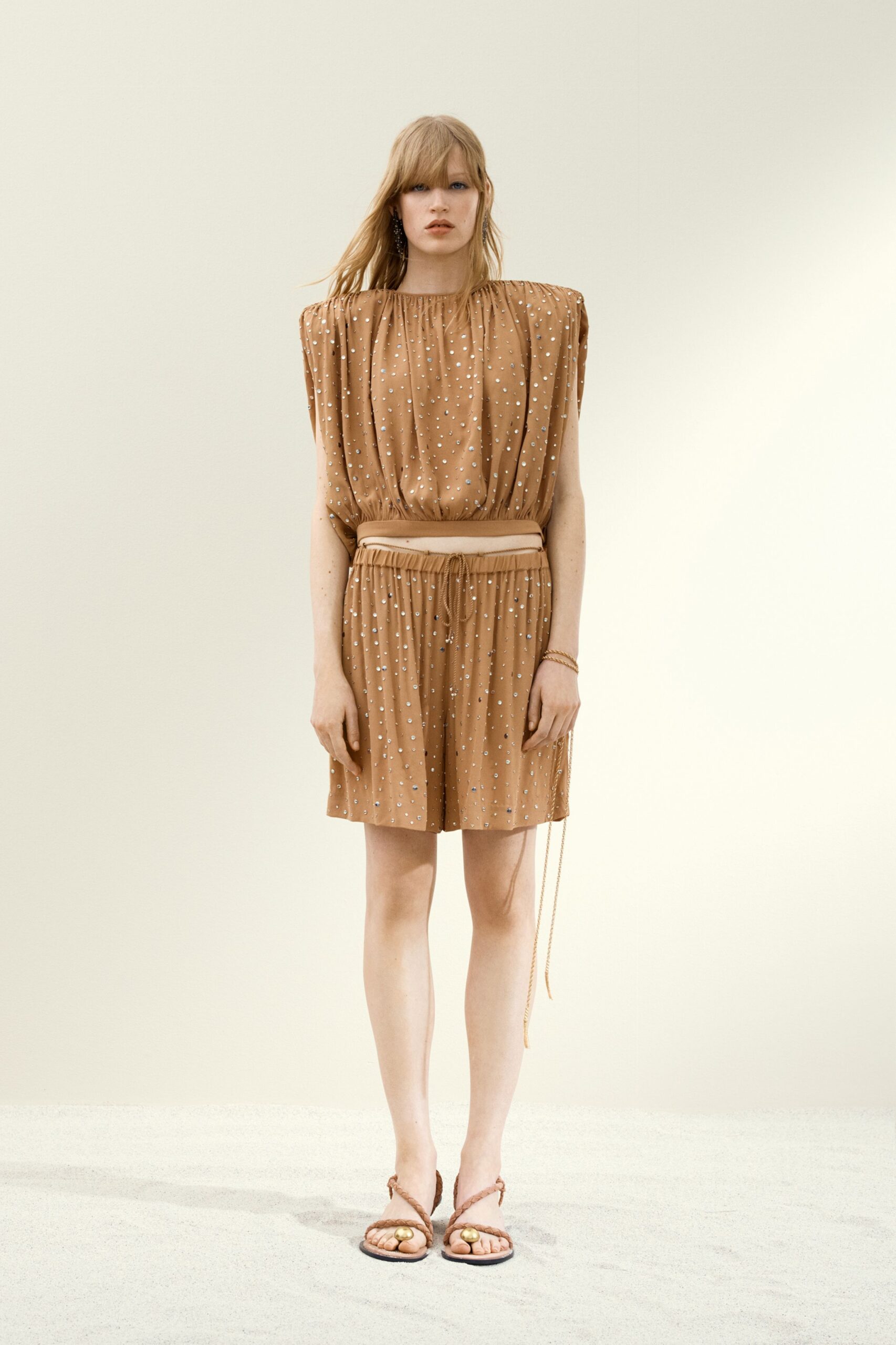 beige cotton sleeveless high-neck relaxed pleated draped dress