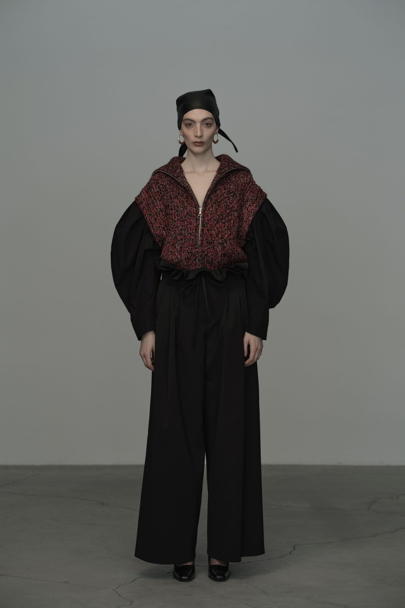 relaxed black and red top with wide-leg pants