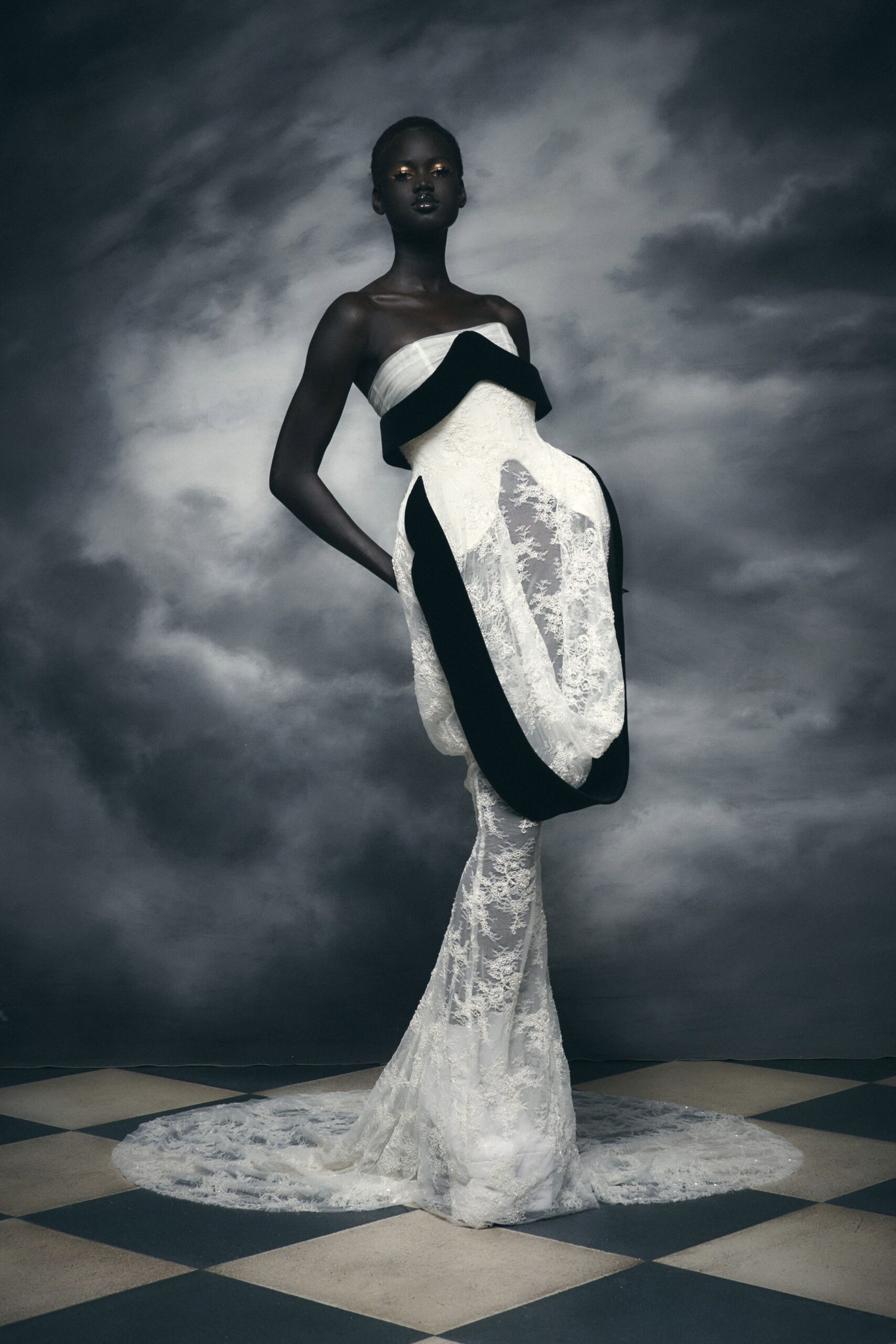 black and white strapless gown