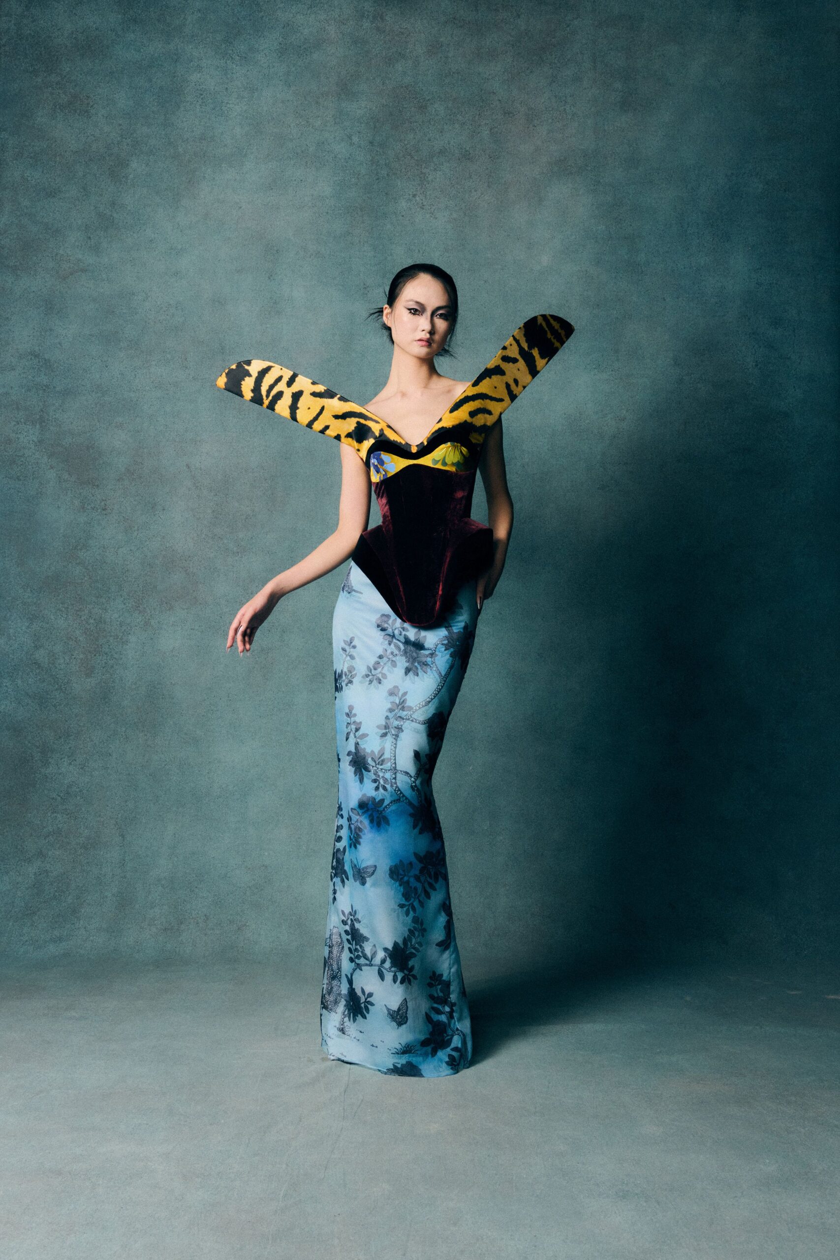 blue silk fitted gown