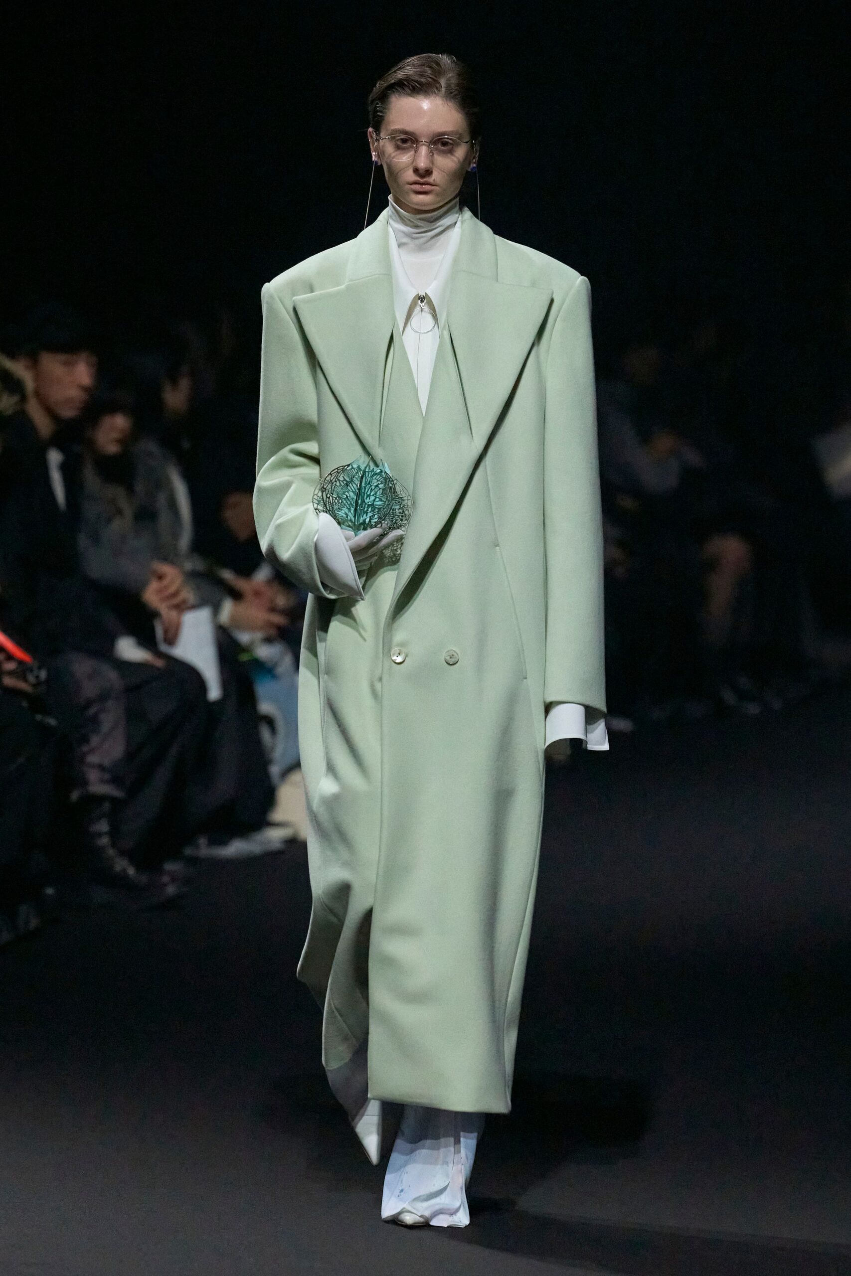green wool long-sleeve collared oversized layered maxi coat