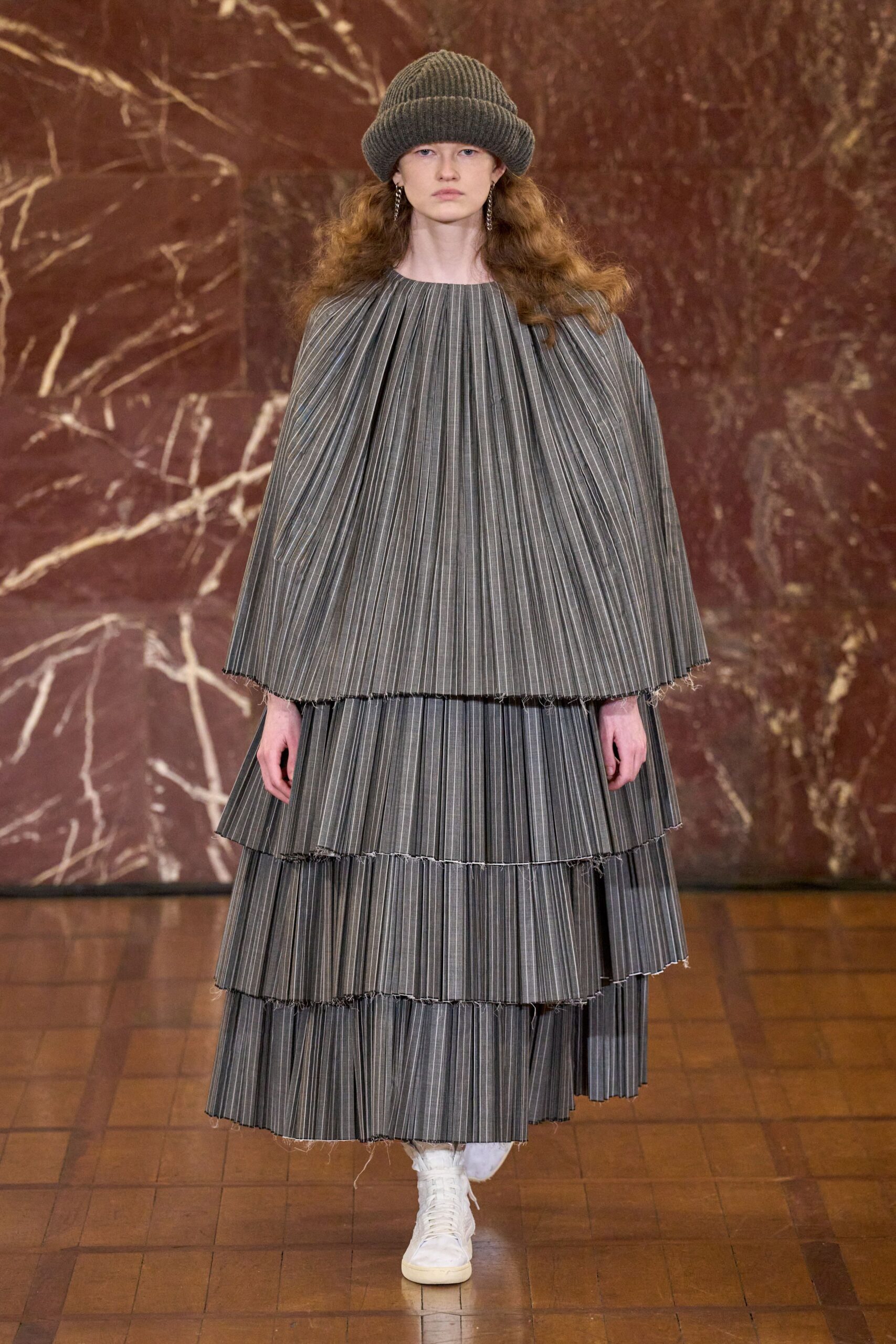 gray cotton sleeveless high-neck relaxed pleated tiered dress