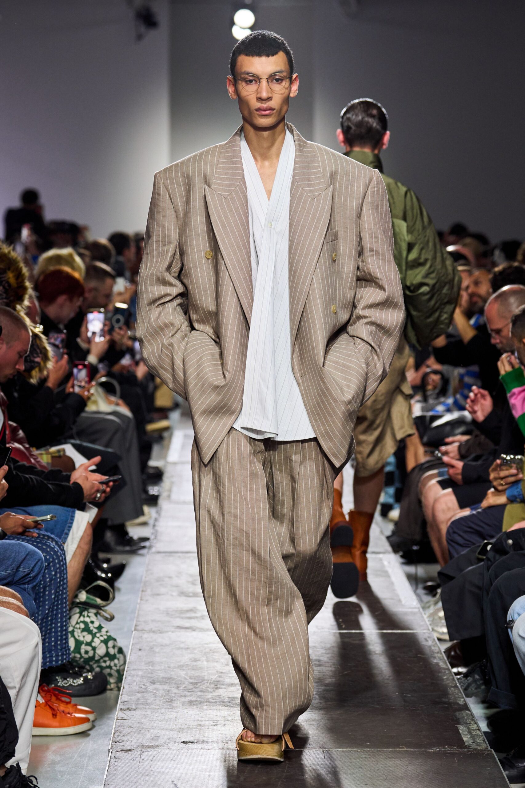 beige cotton long-sleeve collared oversized striped buttoned suit