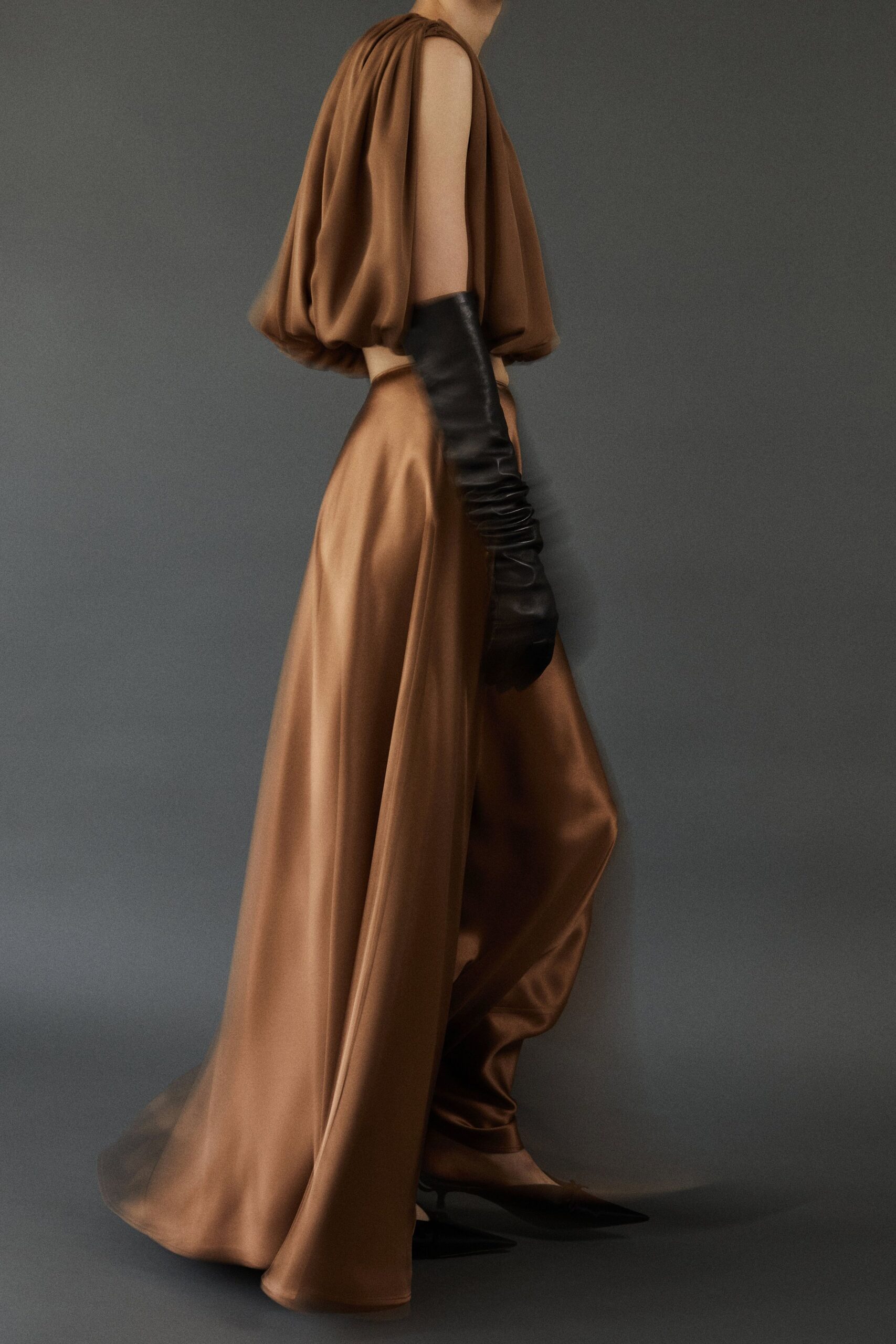 brown silk top and skirt