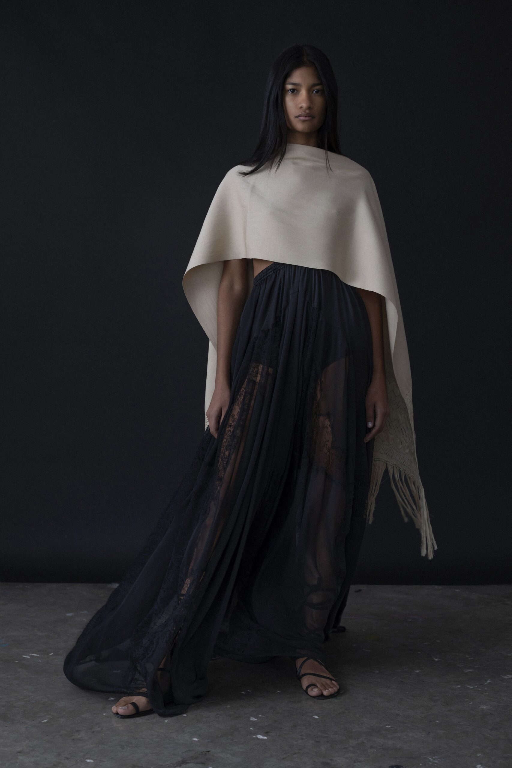 beige wool cape black chiffon dress