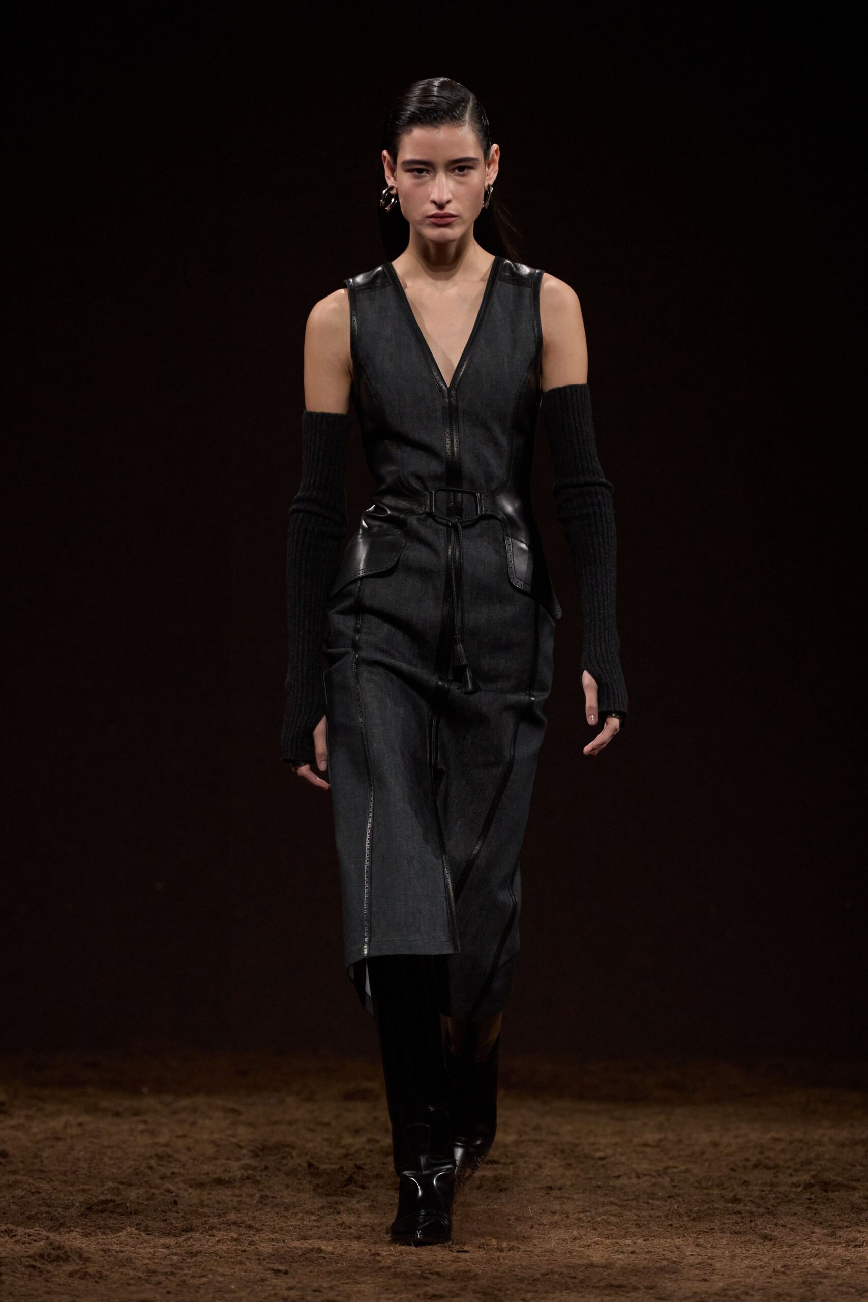 black denim sleeveless v-neck fitted zippered belted dress