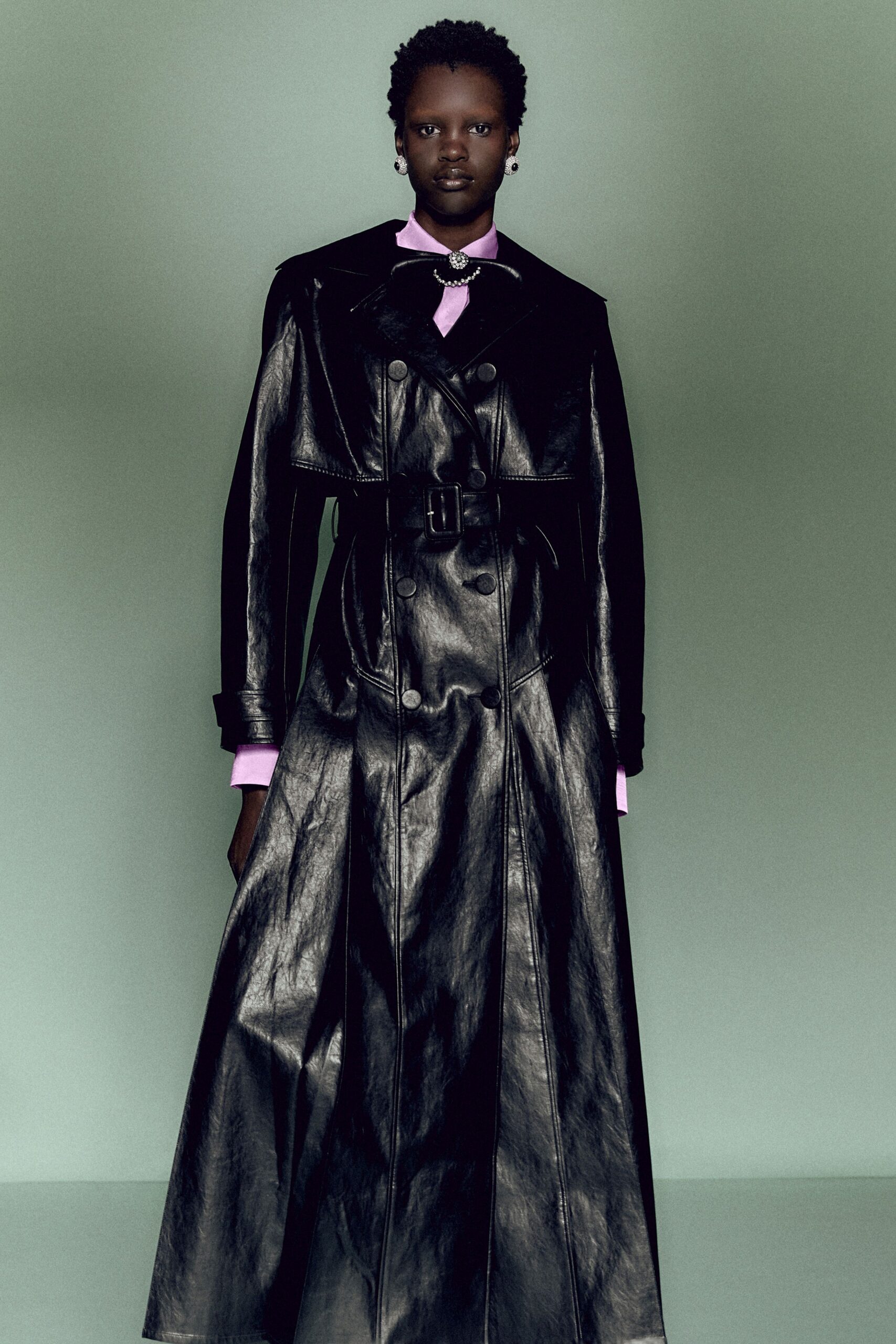 black leather long-sleeve collared fitted belted maxi coat