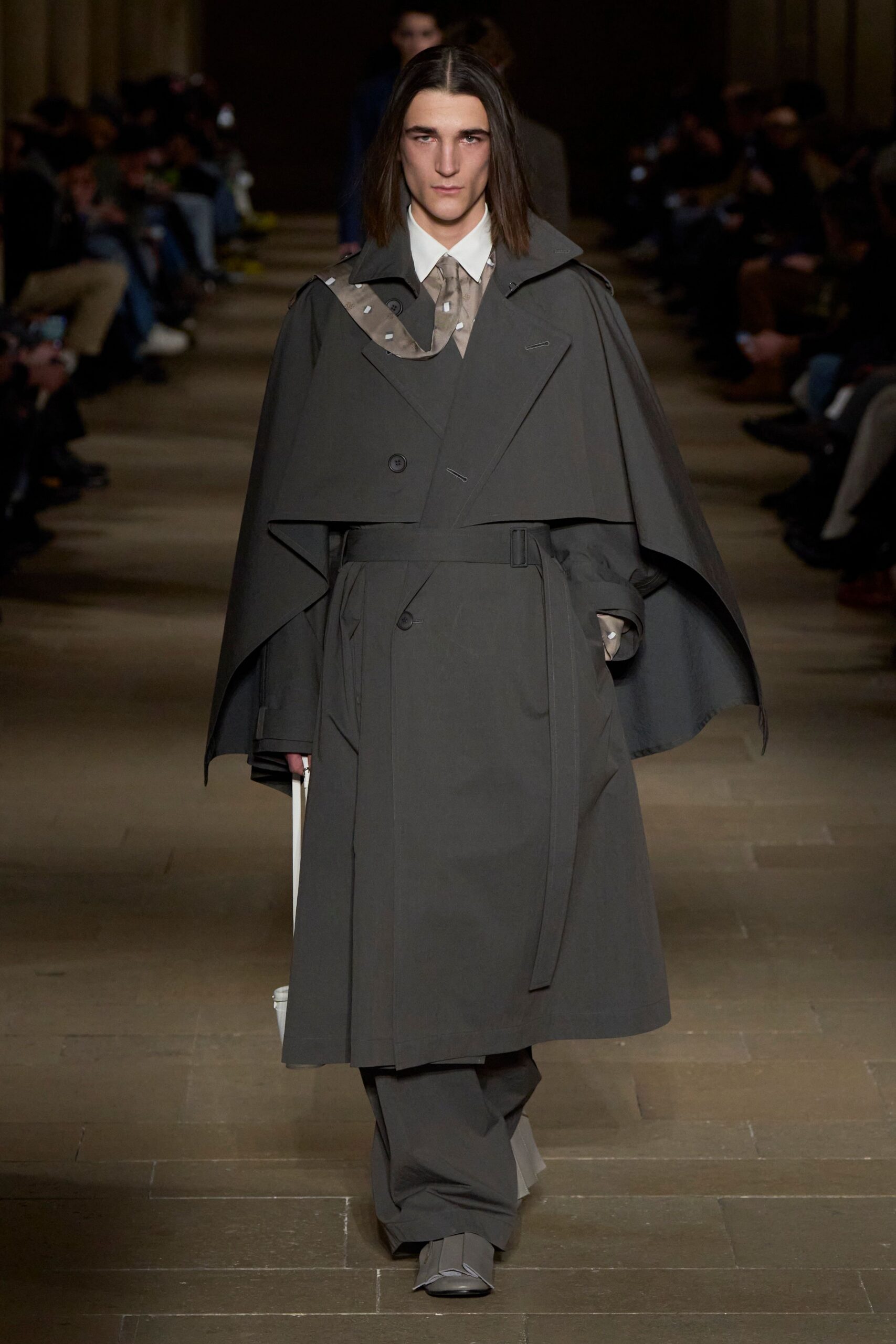 gray cotton long-sleeve collared relaxed layered cape