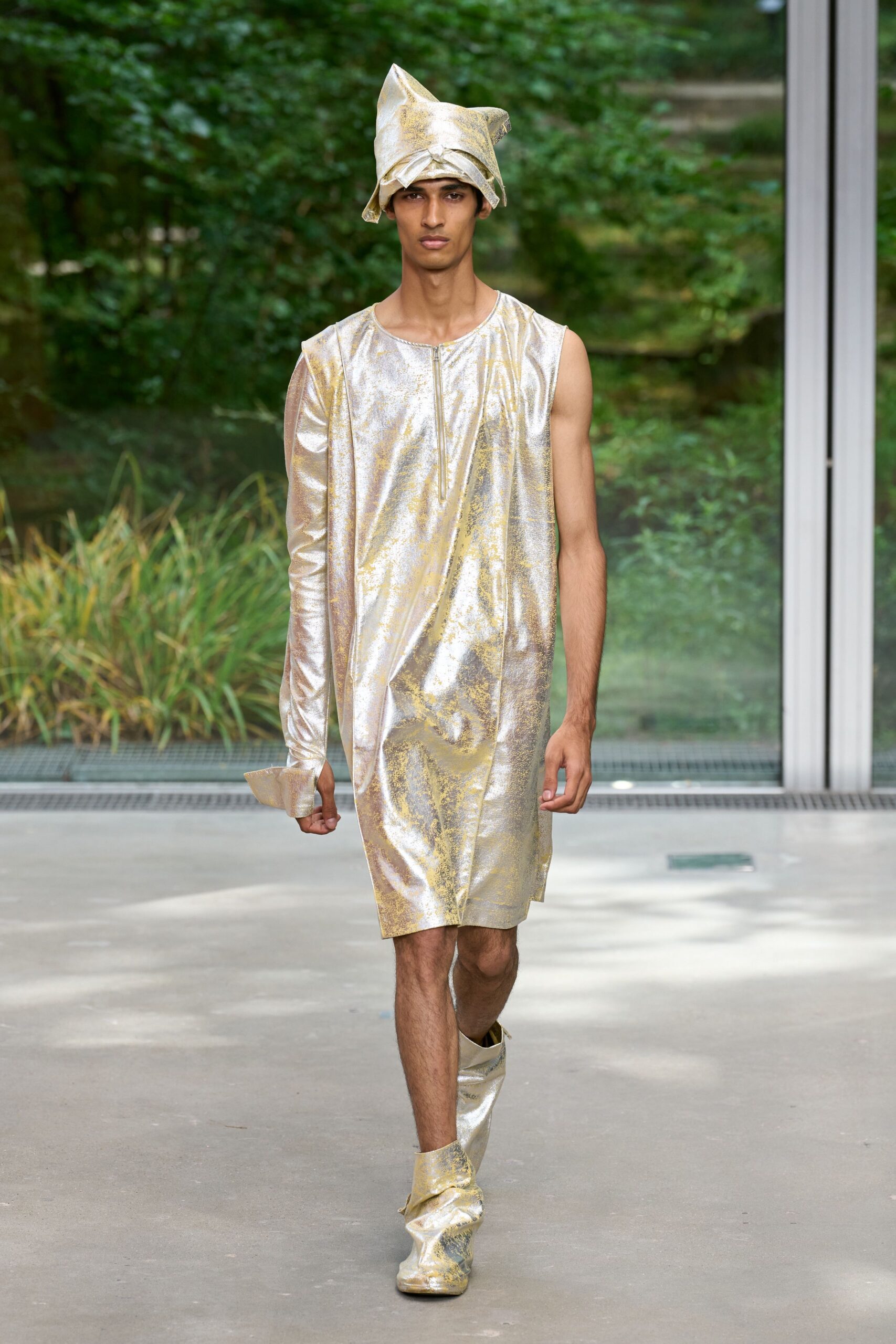 gold metallic long-sleeve collared relaxed draped shiny dress