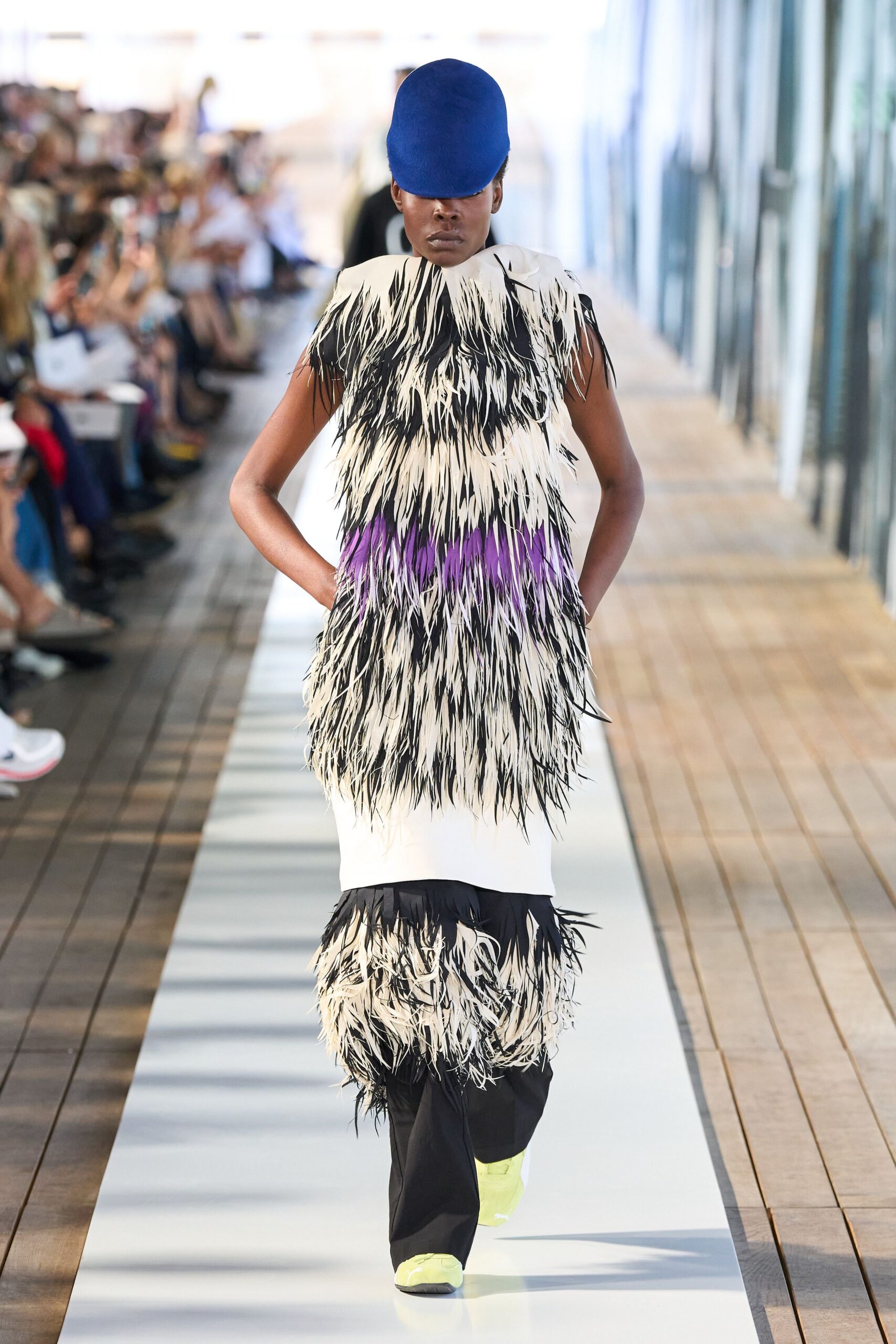 white feather sleeveless fitted fringed maxi dress