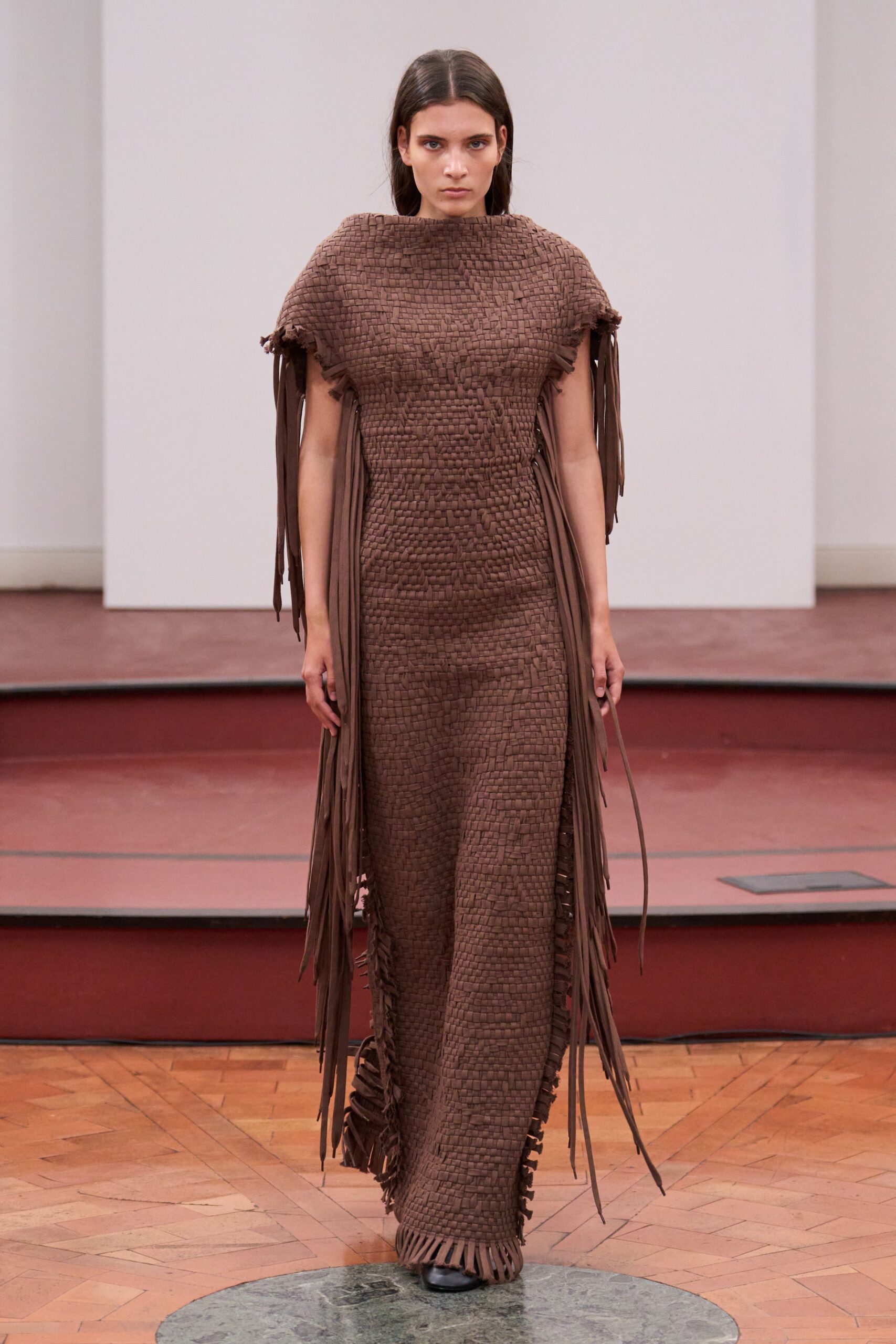 brown fringed maxi gown