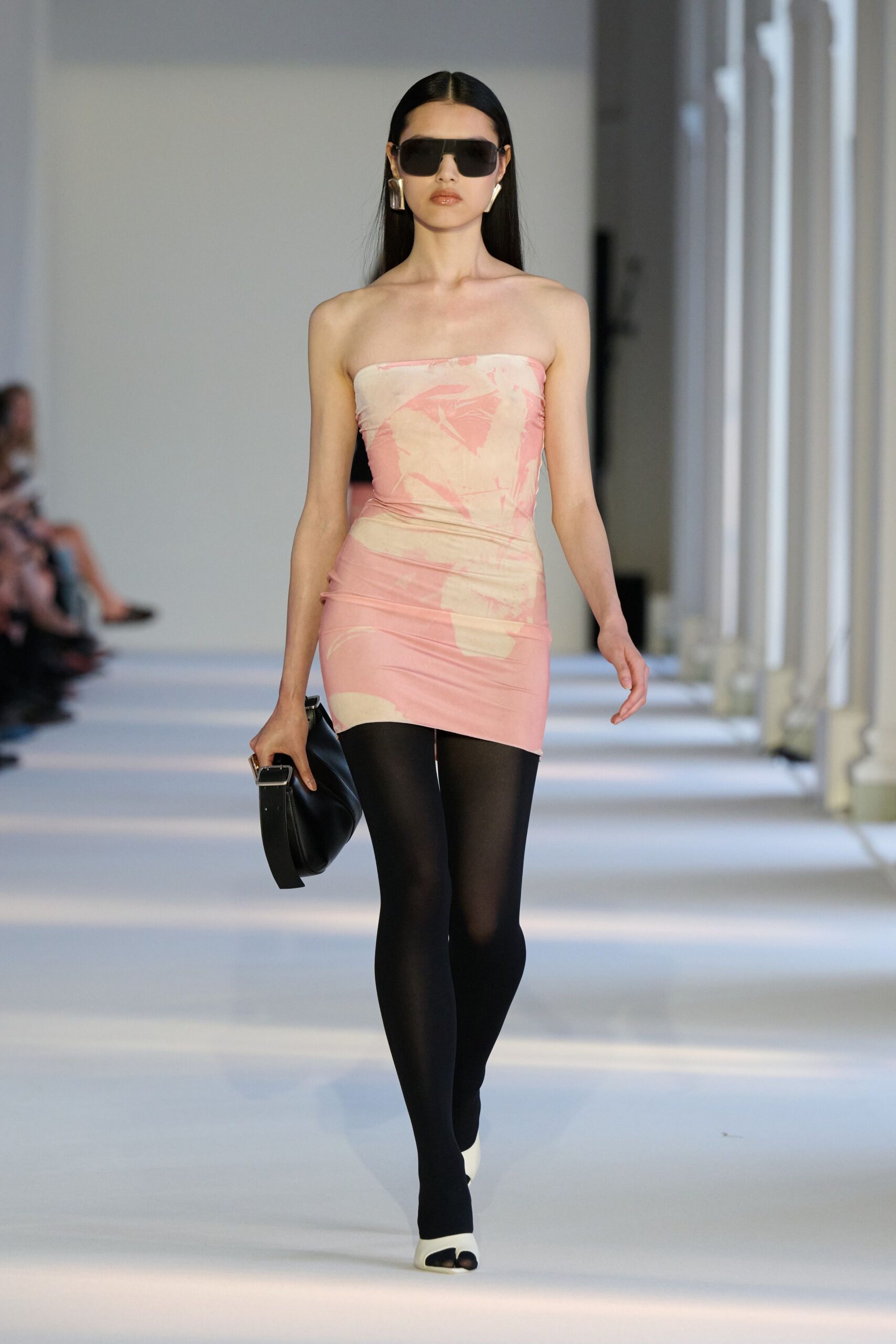 pink cotton strapless fitted ruched mini dress