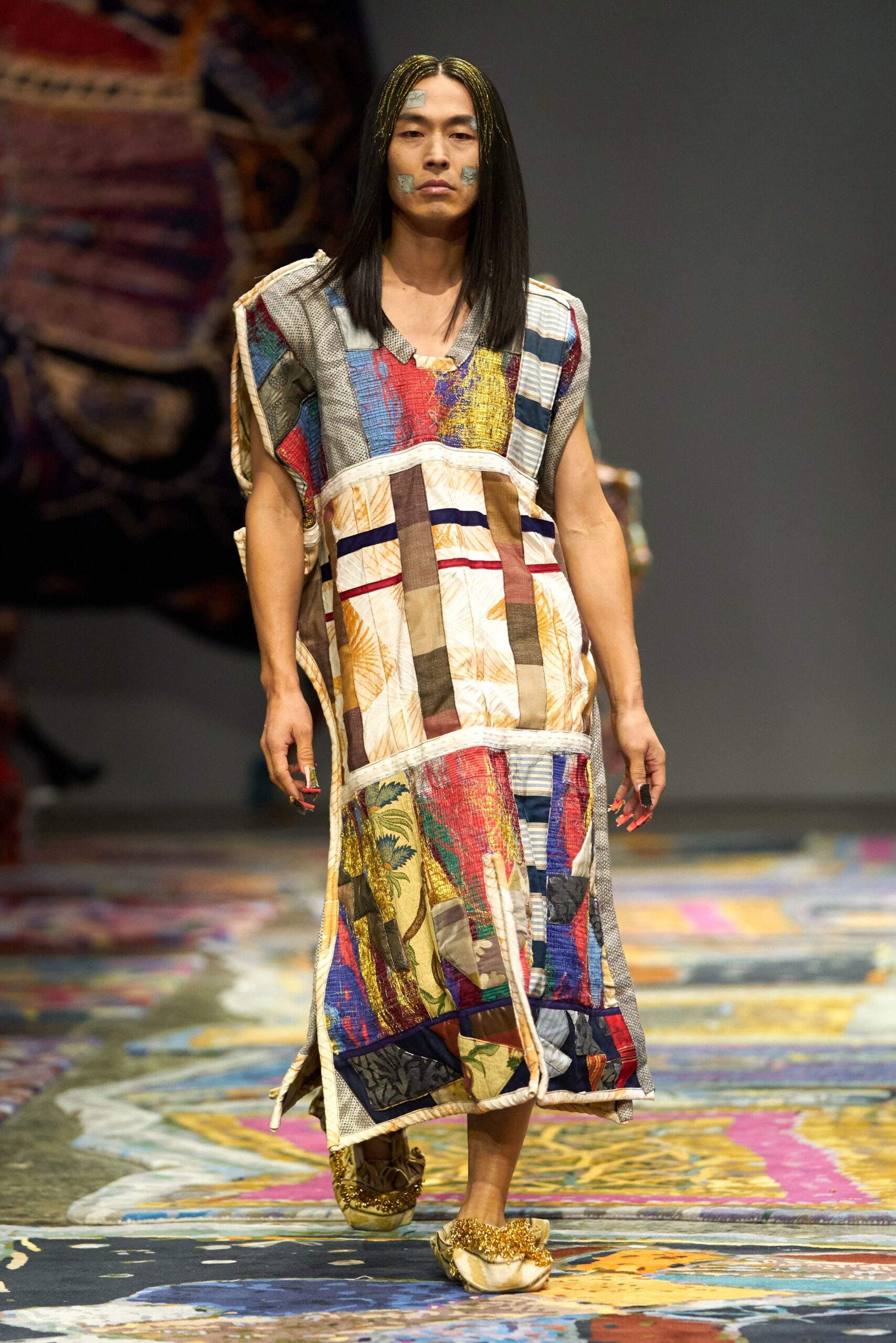 multi cotton sleeveless v-neck relaxed patchwork maxi dress