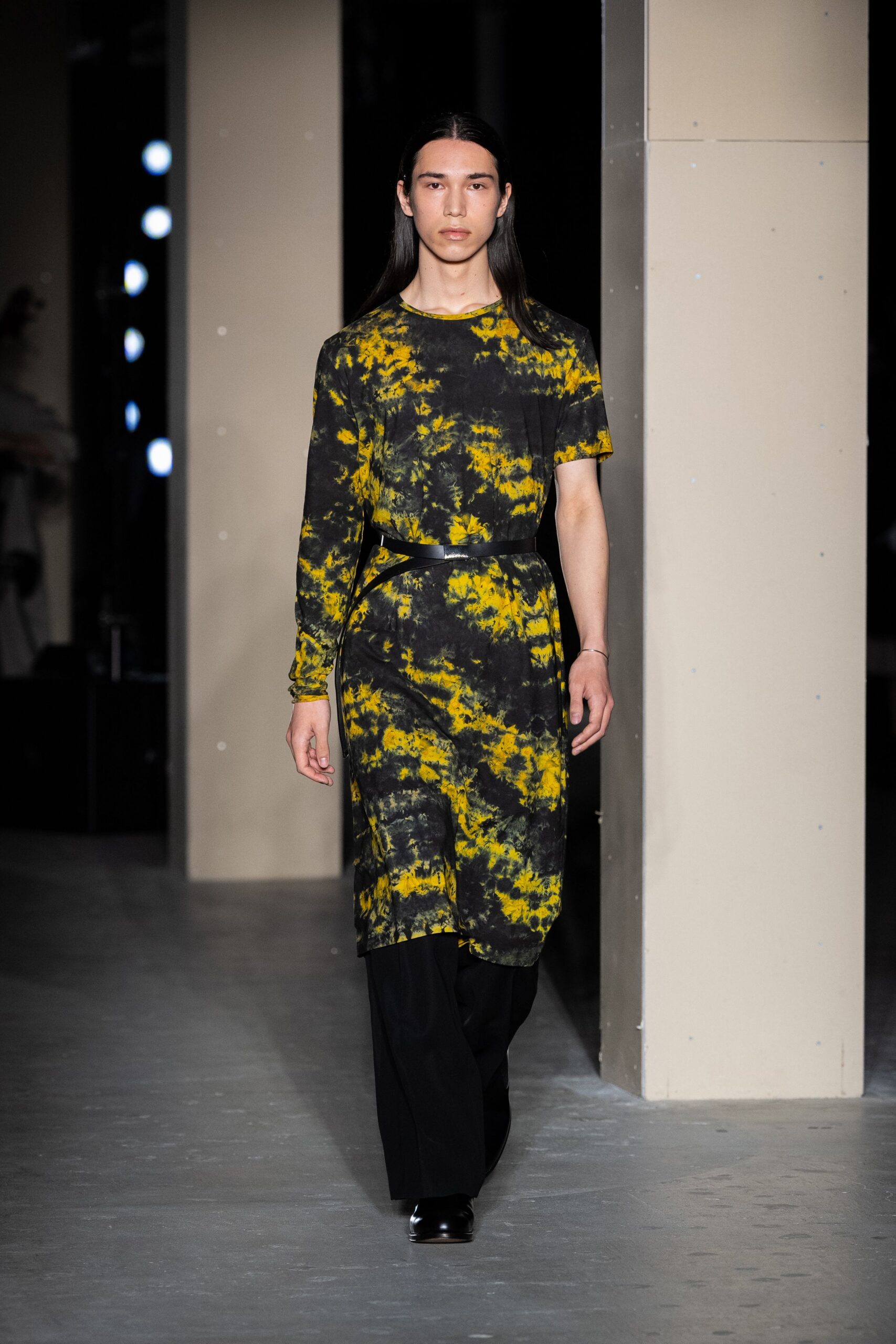 black and yellow printed midi dress