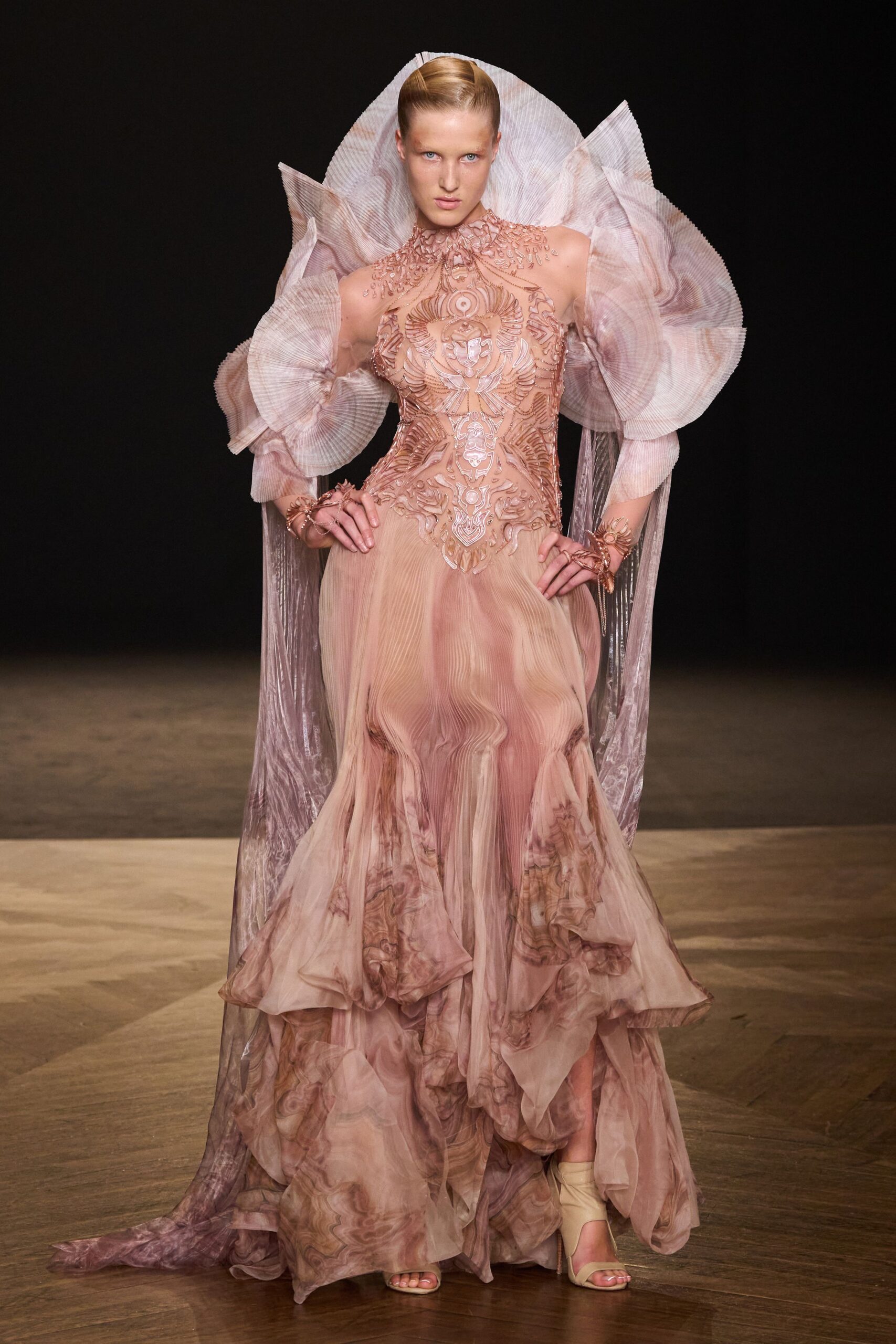 pink silk pleated gown