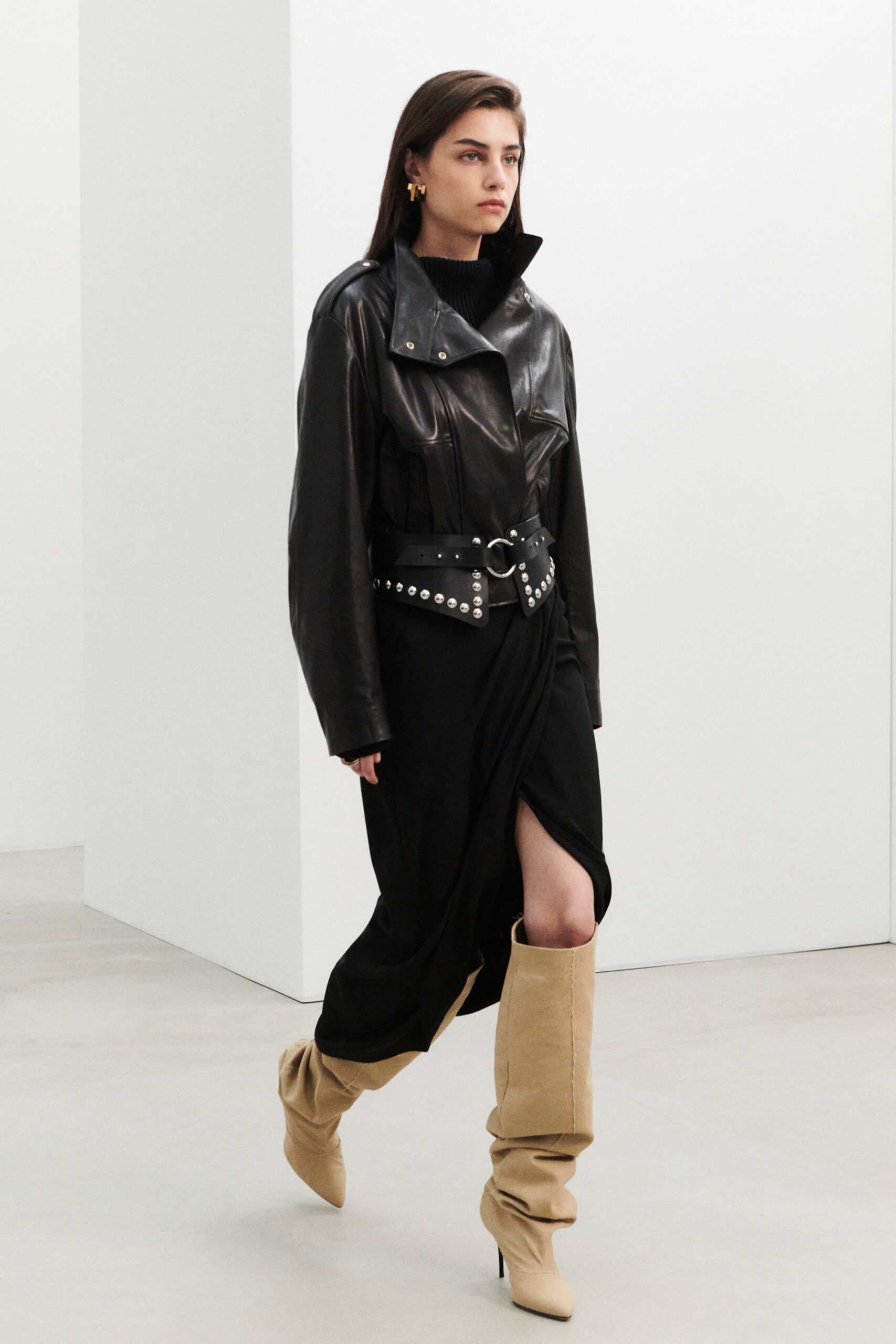 black leather long-sleeve v-neck fitted draped midi dress
