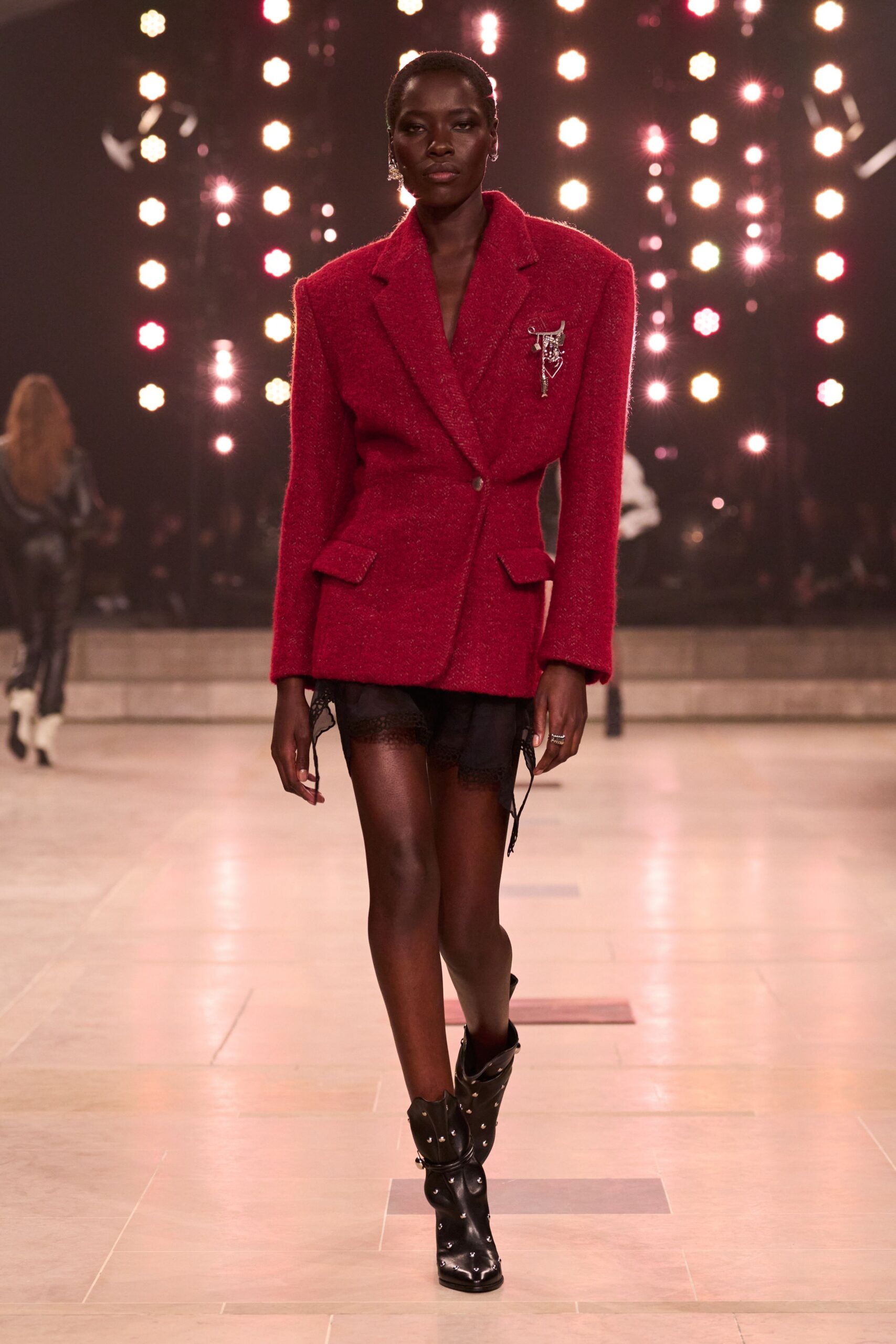 red tweed long-sleeve collared tailored buttoned blazer