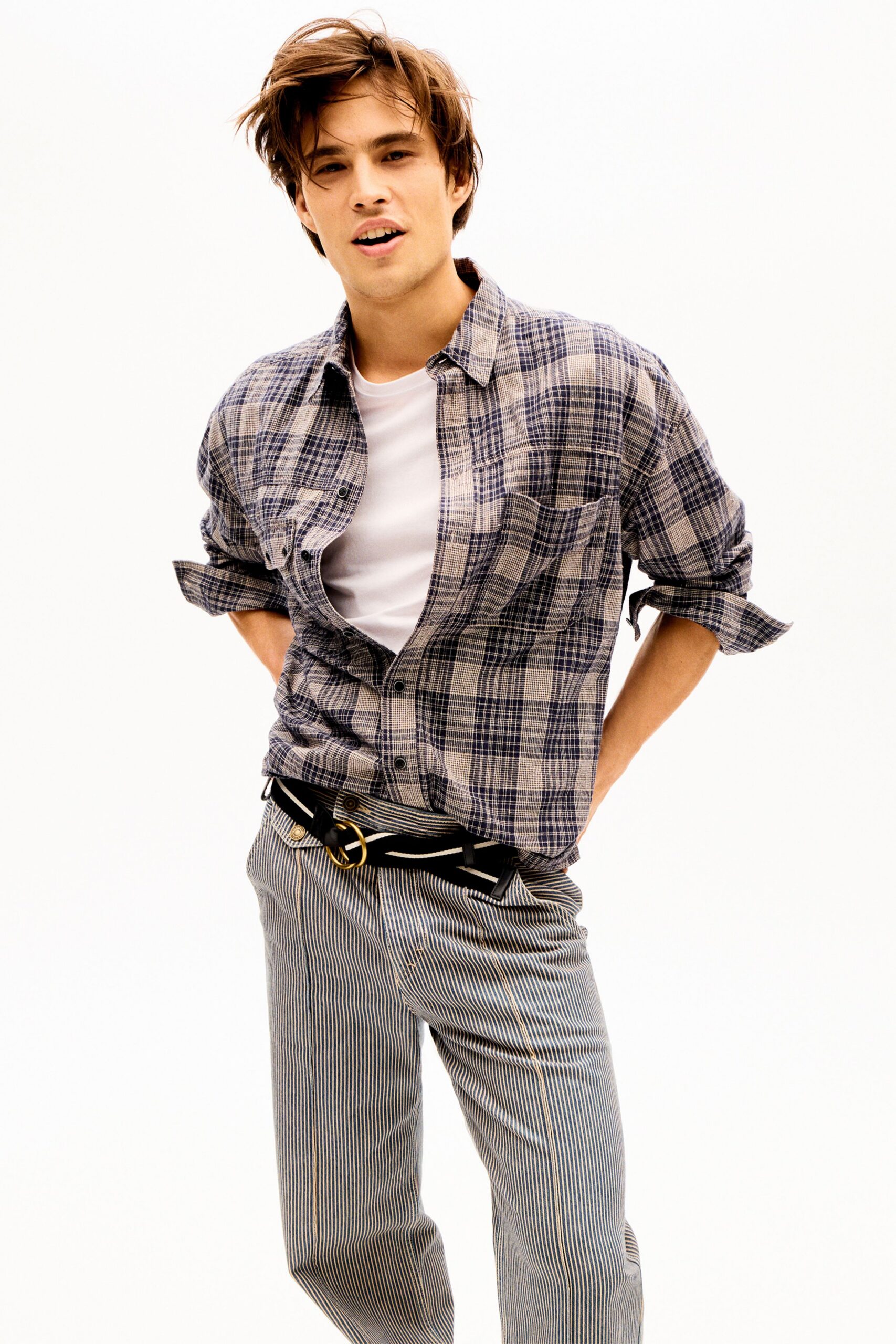 relaxed checkered shirt with t-shirt and tailored pants
