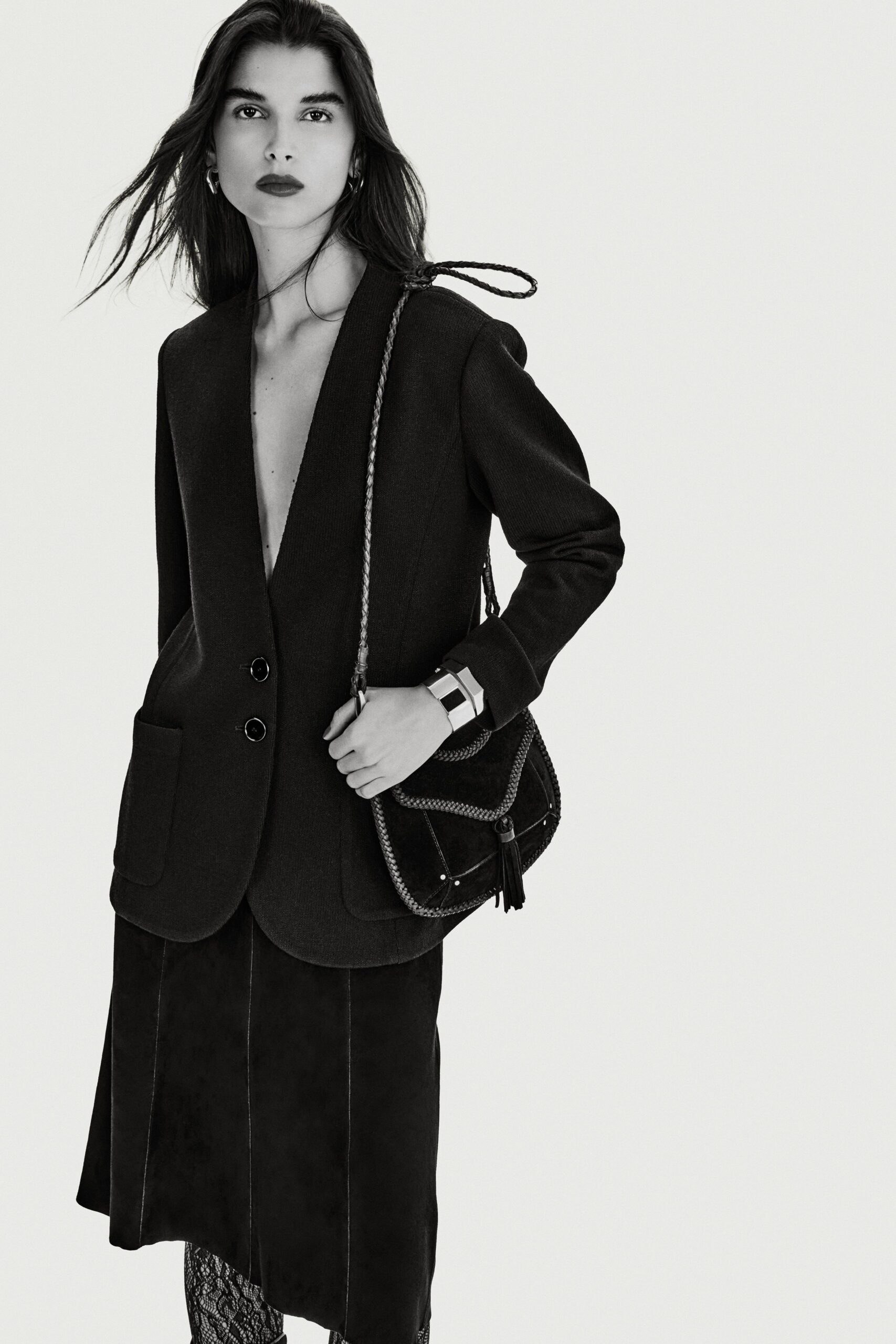 black wool long-sleeve v-neck structured buttoned blazer