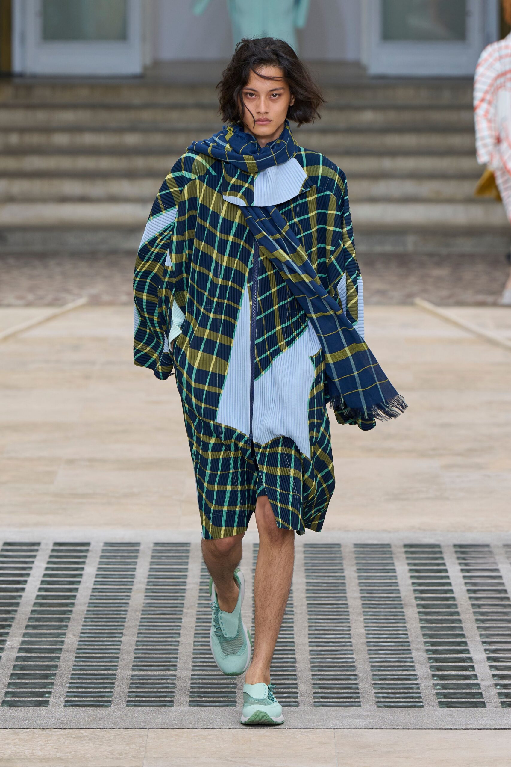 oversized checked coat with shorts