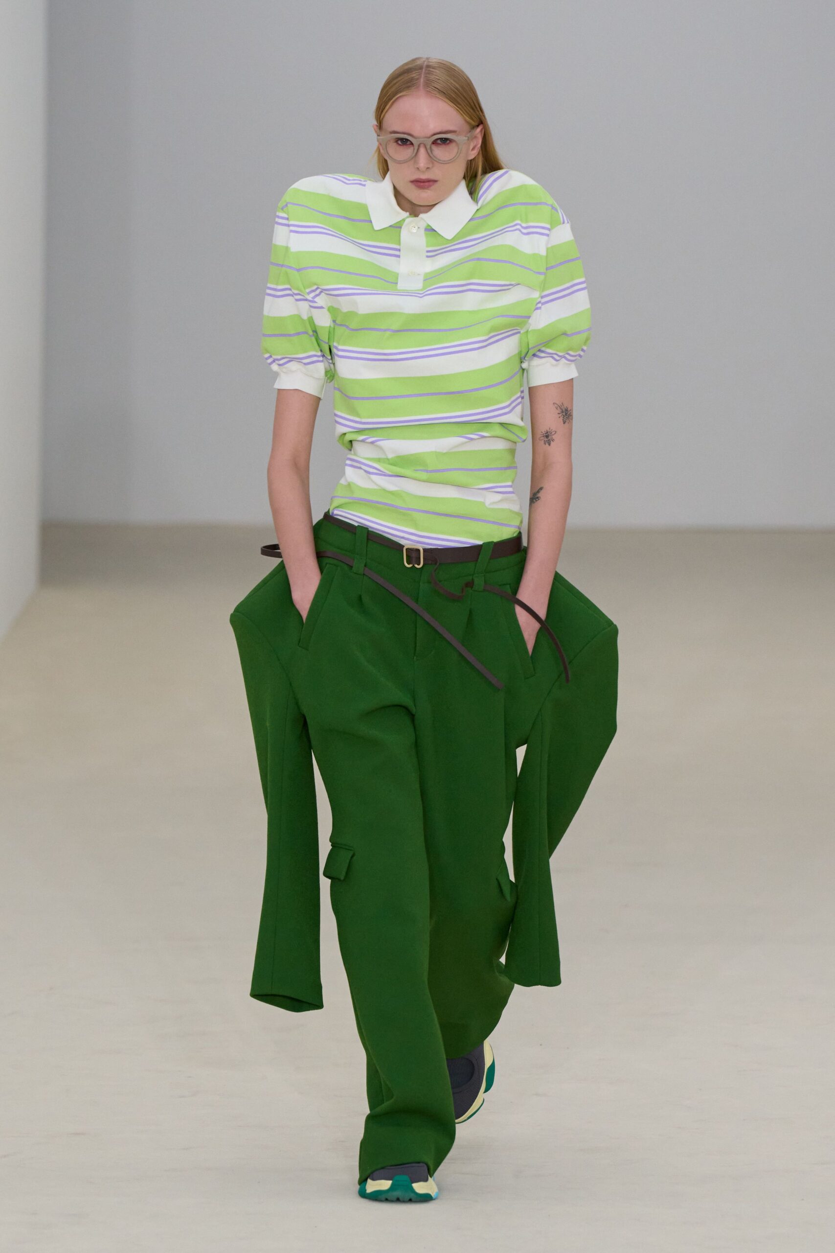 green striped top with tailored pants