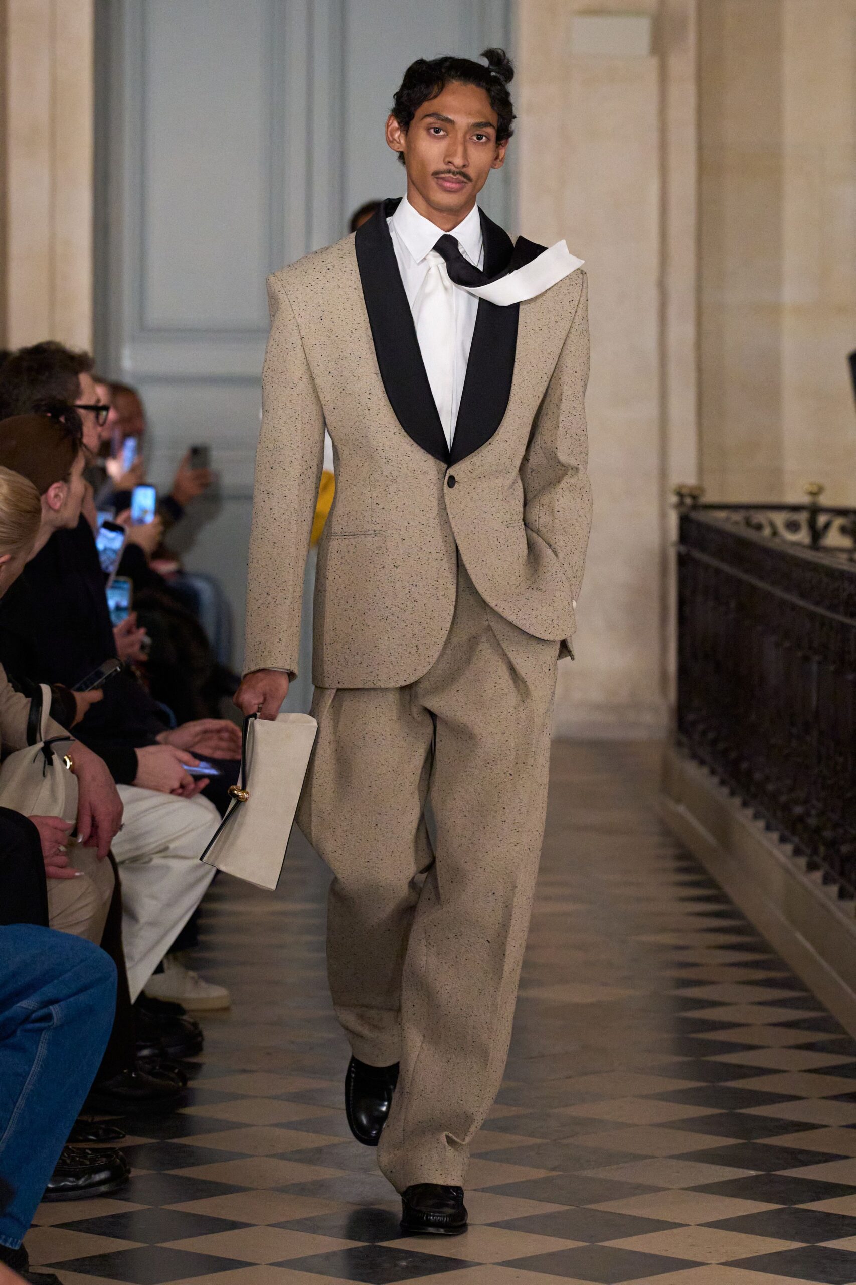 beige wool long-sleeve collared tailored buttoned pleated suit