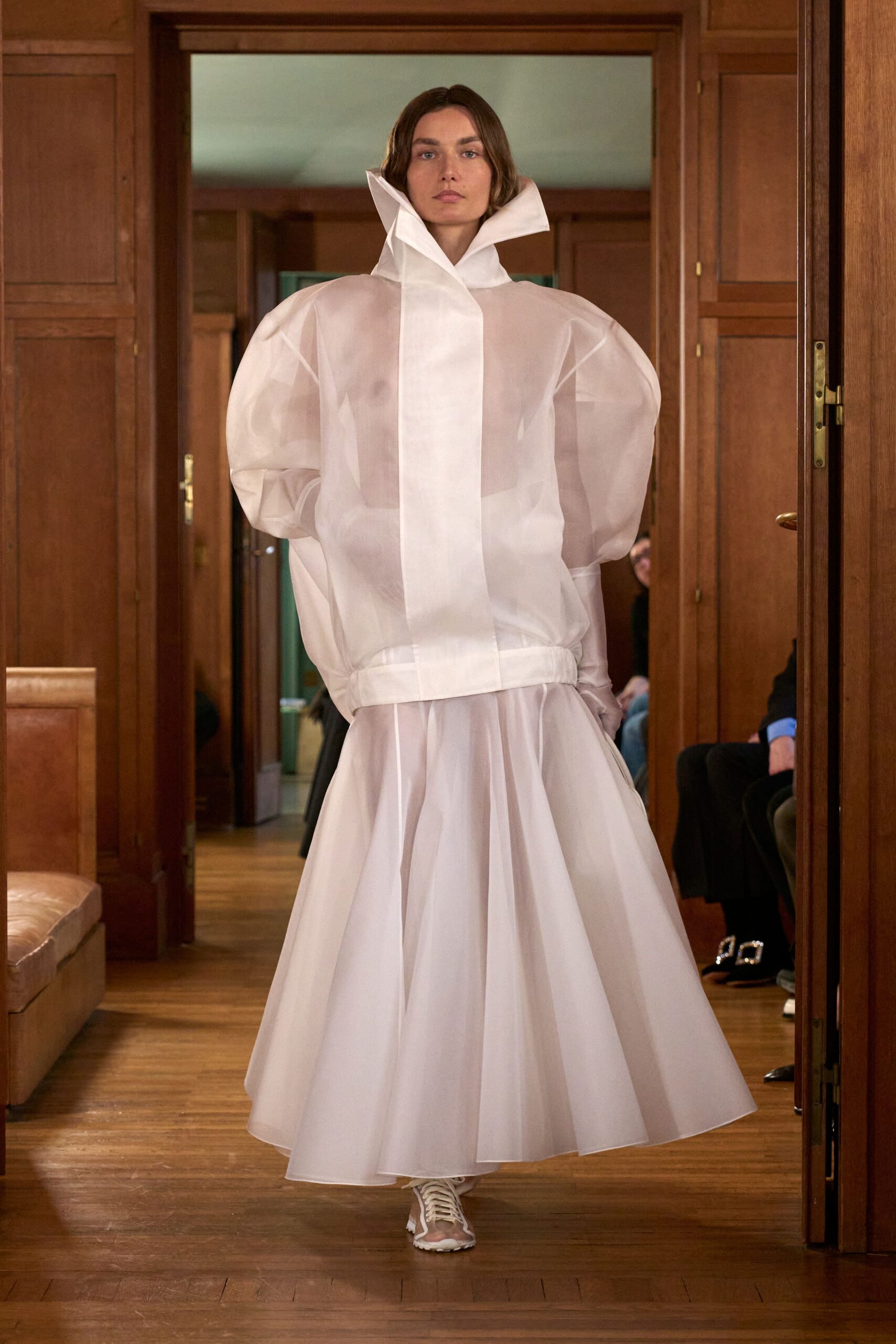 white chiffon fitted flared flowing midi skirt