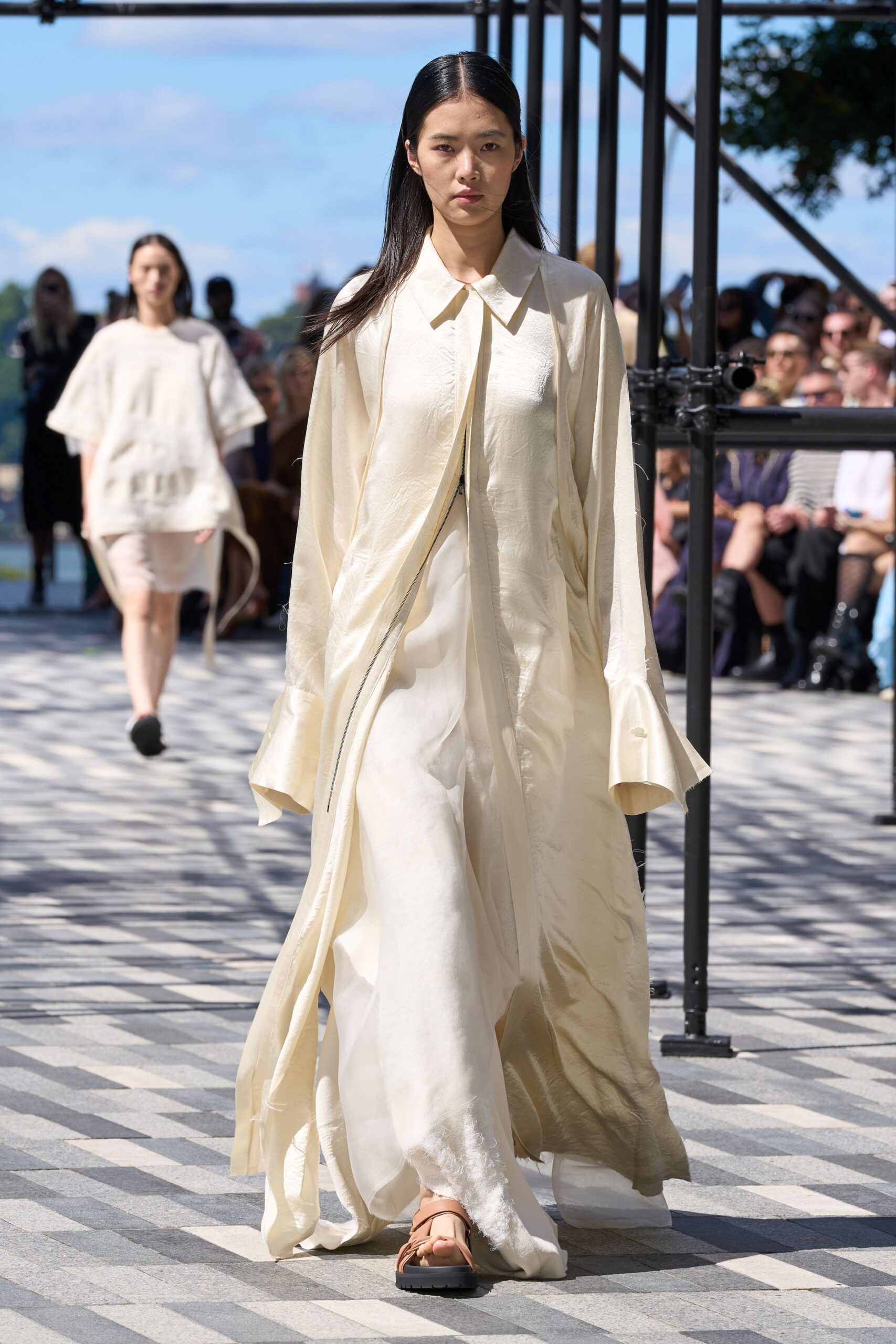 ivory silk long-sleeve collared relaxed layered flowing dress