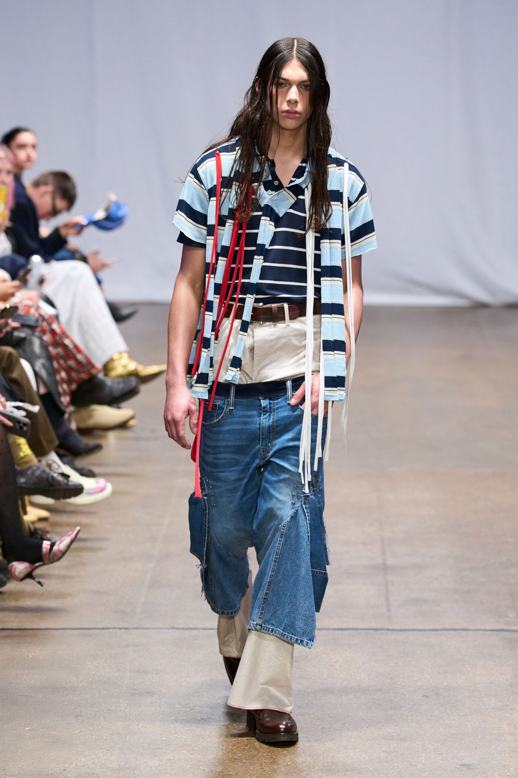 blue striped shirt with distressed jeans