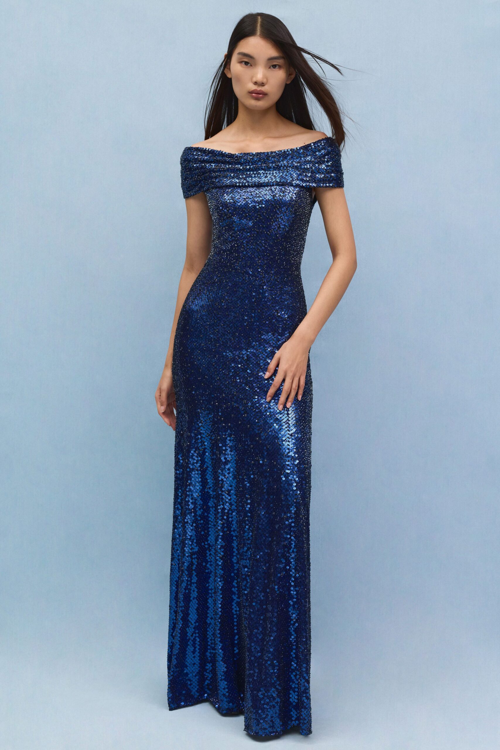 blue sequin off-shoulder gown