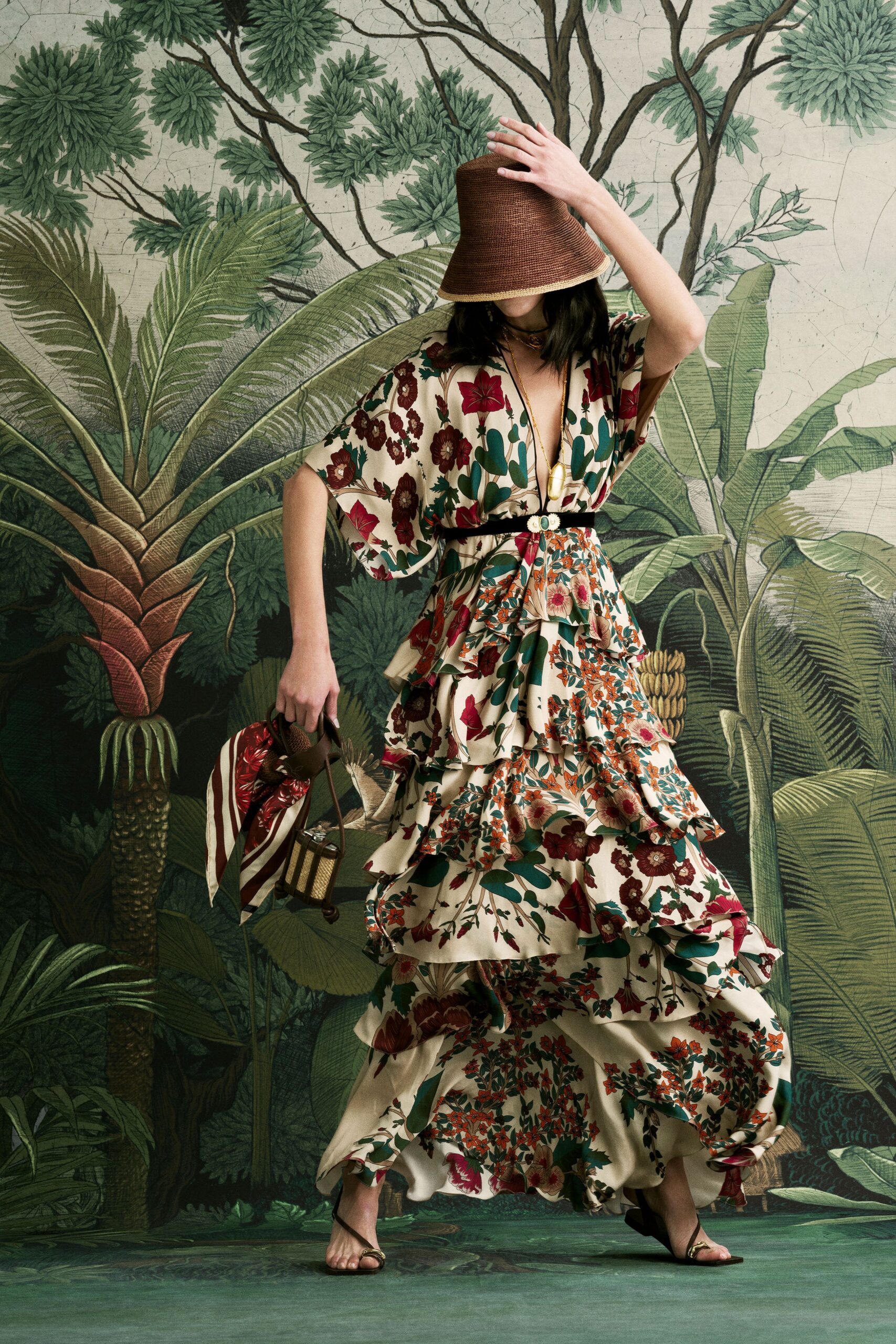 beige cotton short-sleeve v-neck fitted floral tiered dress