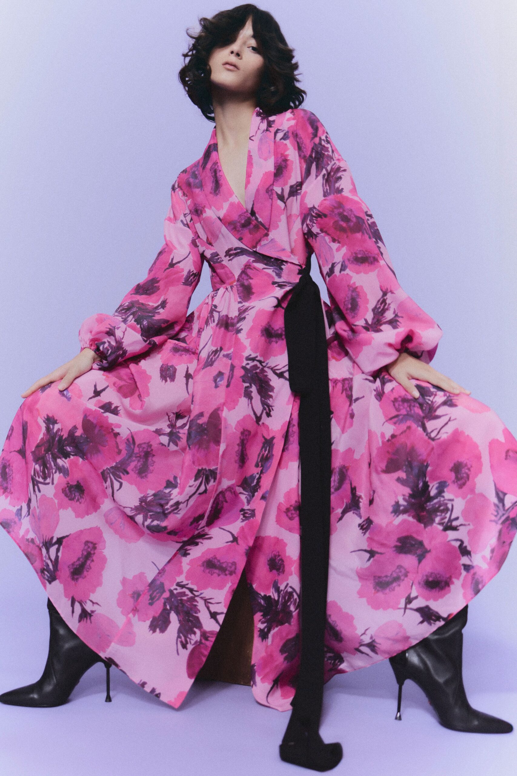 pink silk long-sleeve v-neck fitted floral tiered dress