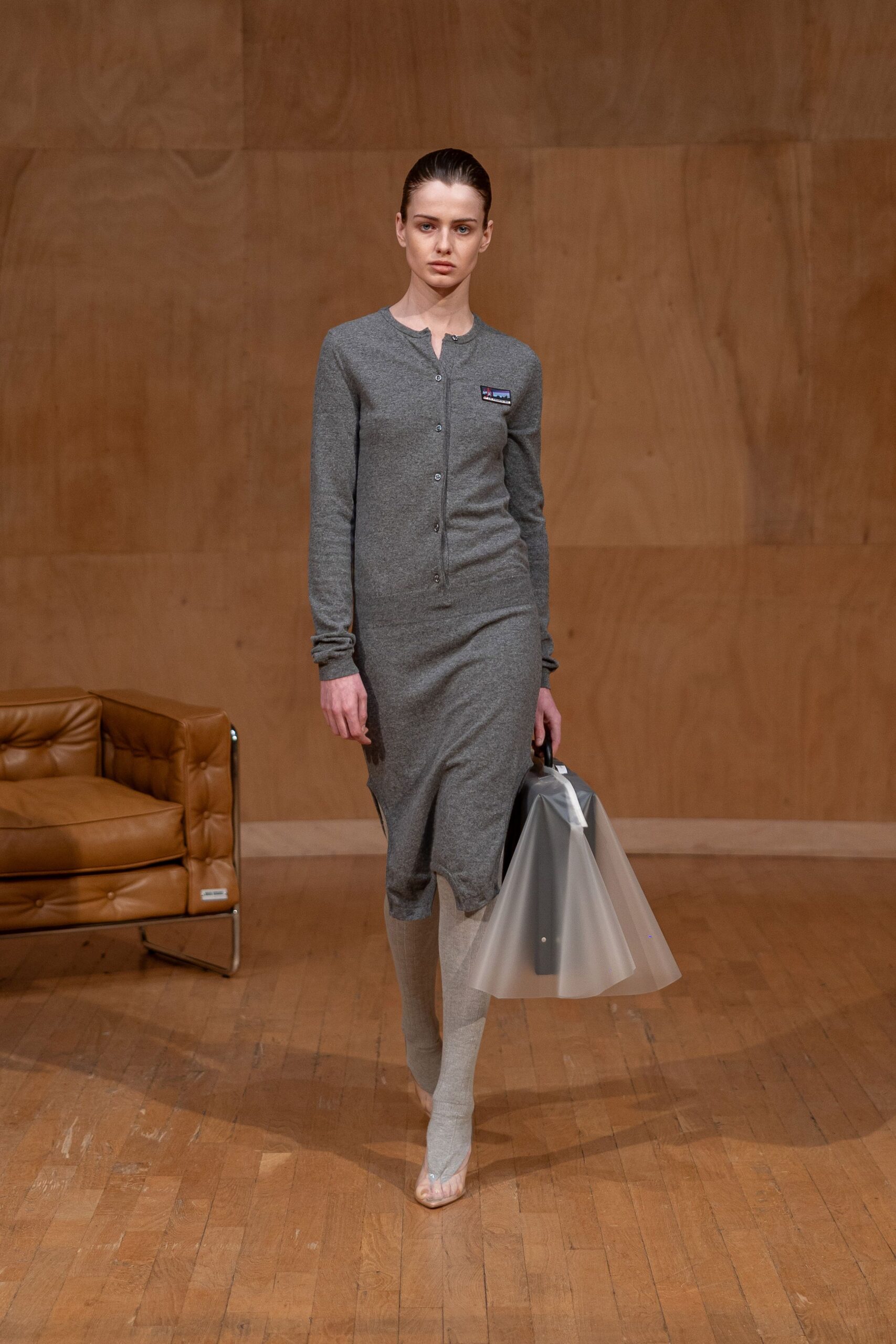 gray cotton long-sleeve collared fitted buttoned midi dress