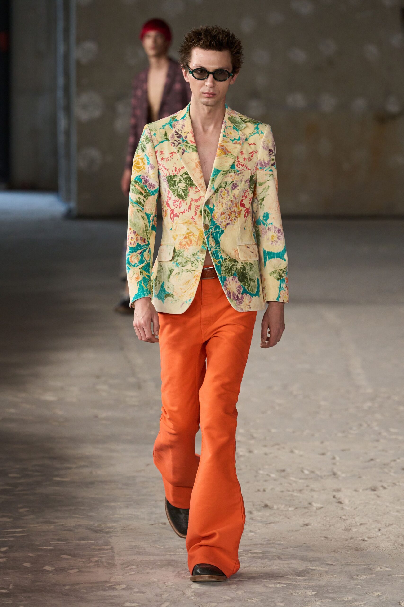 multi-colored floral blazer with orange pants