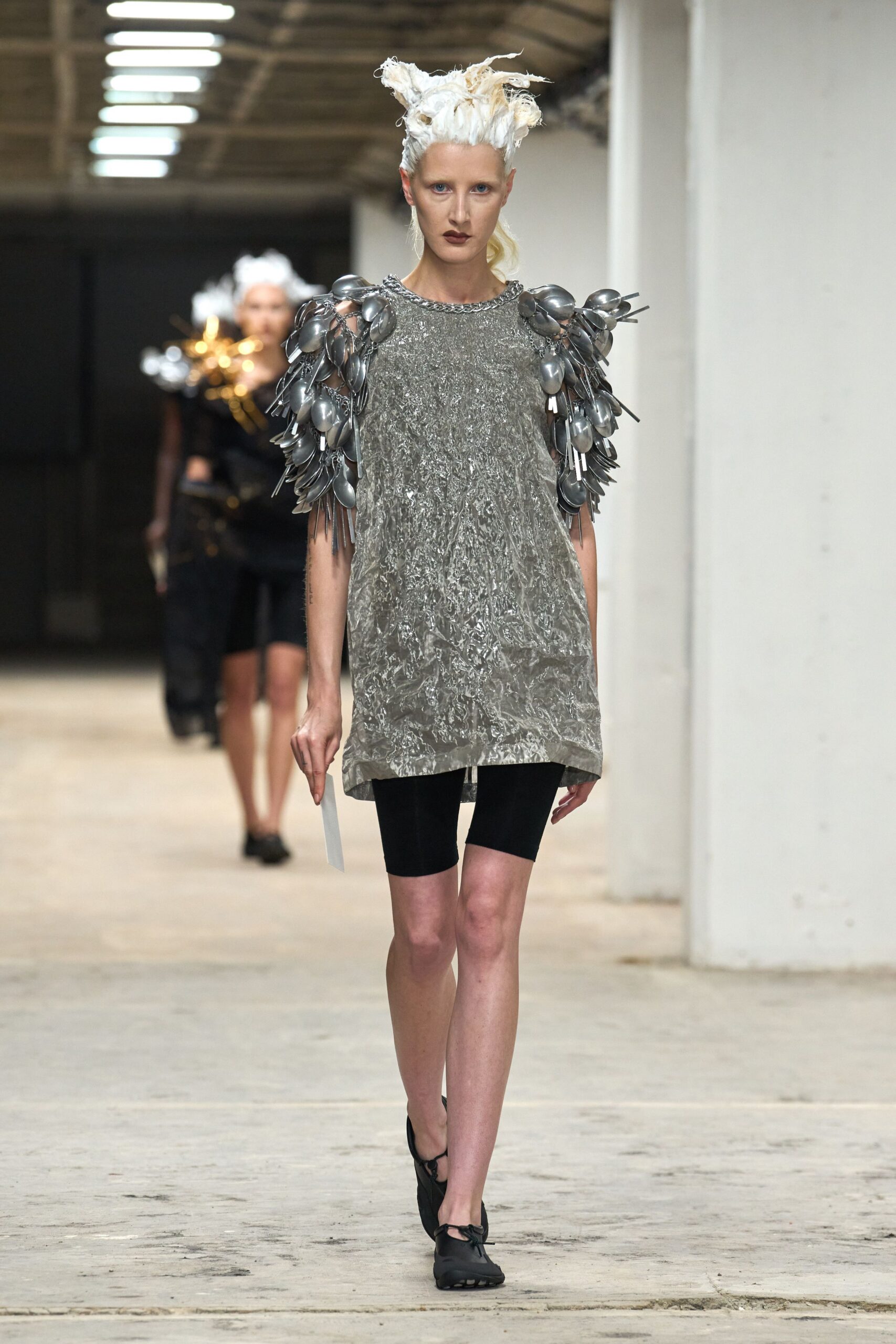 gray silk short-sleeve high-neck relaxed layered textured top