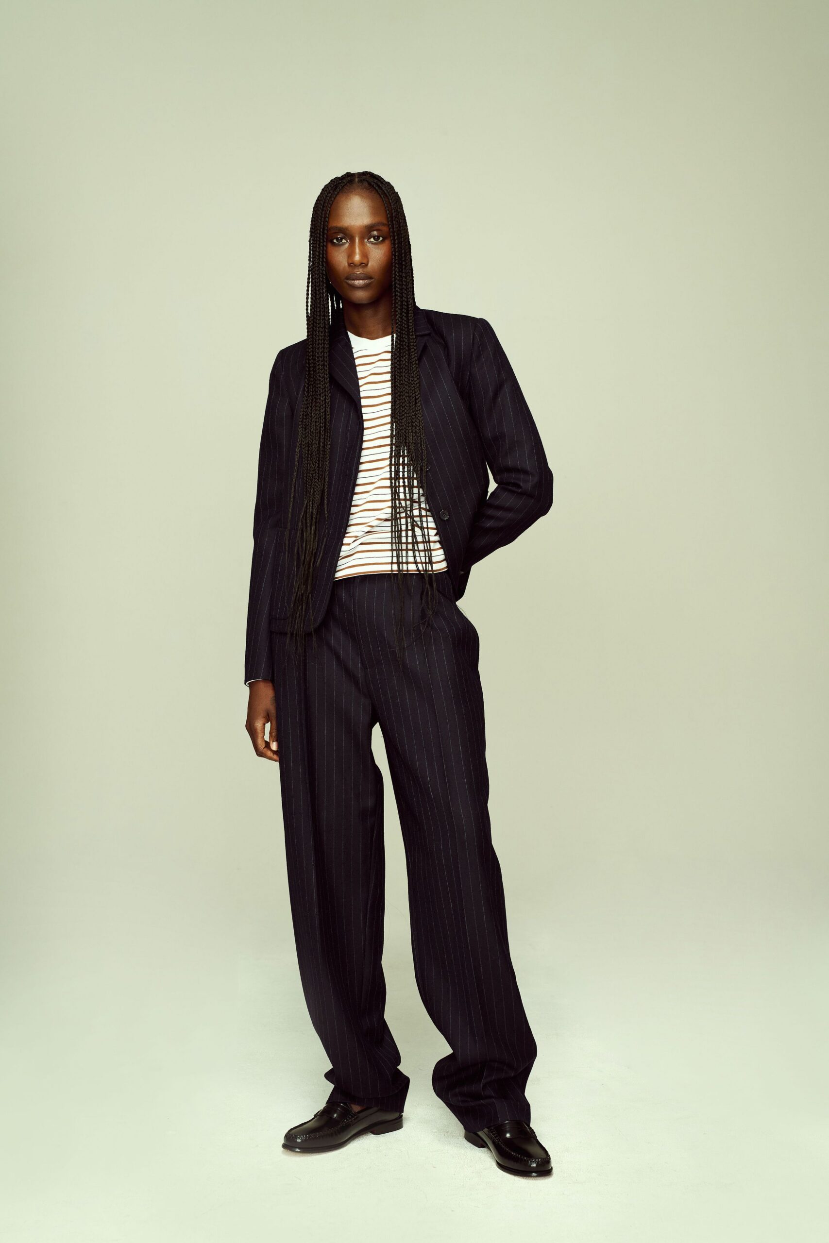 blue wool relaxed pleated pants