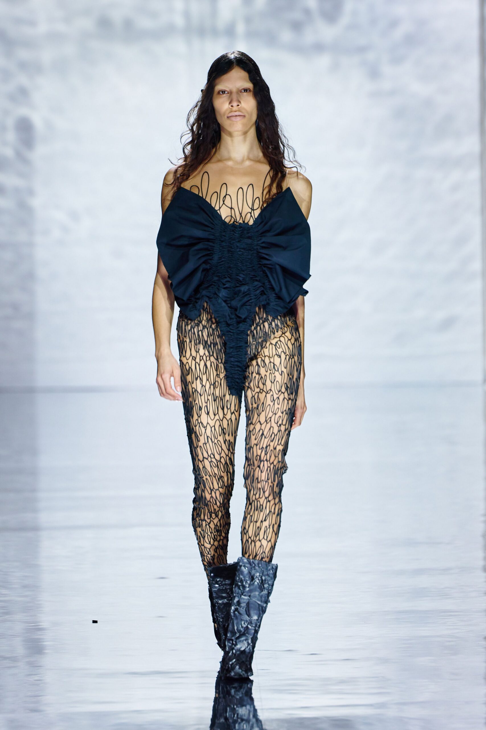 black mesh sleeveless off-shoulder fitted ruched layered catsuit
