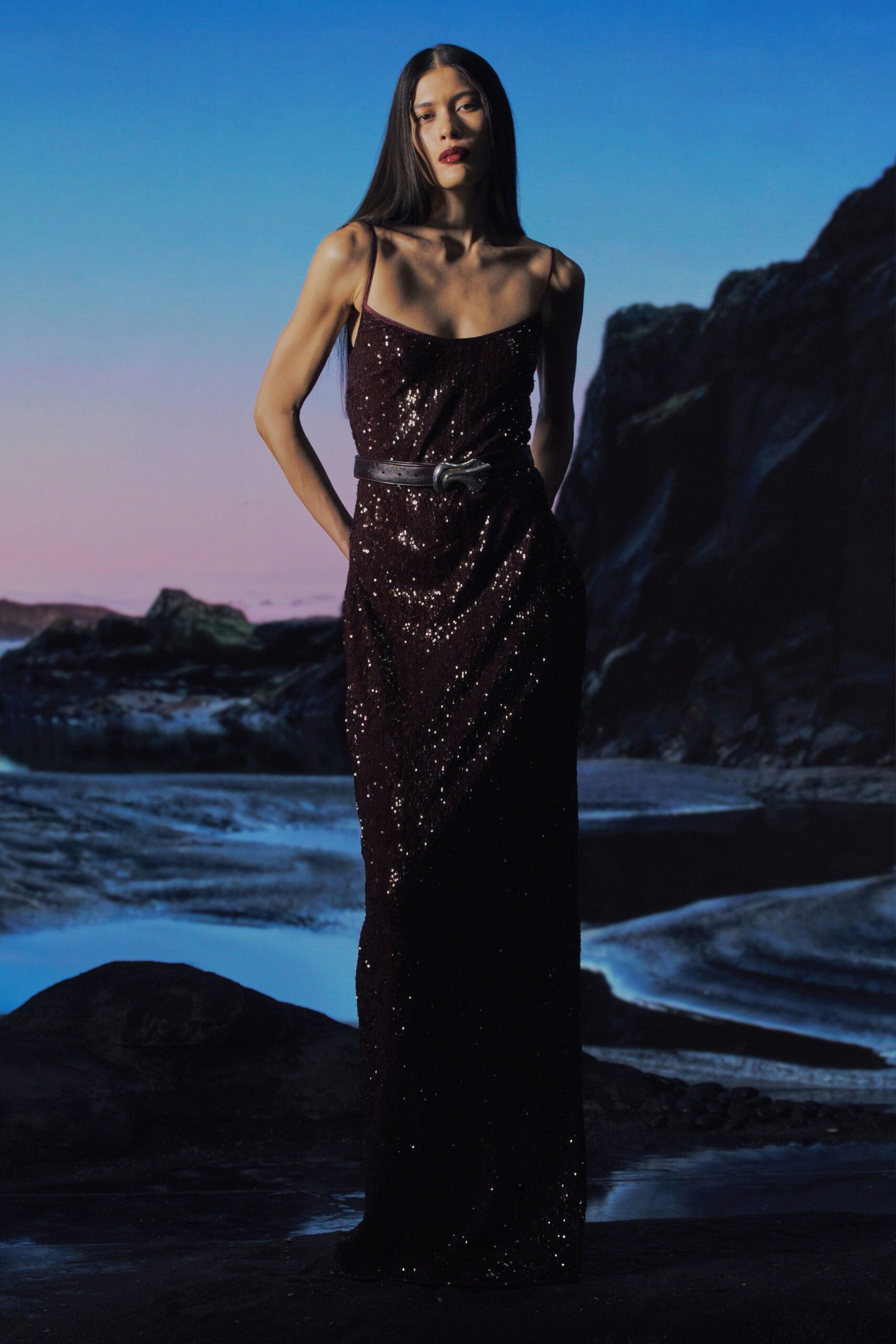 maroon sequin sleeveless v-neck fitted layered shiny gown