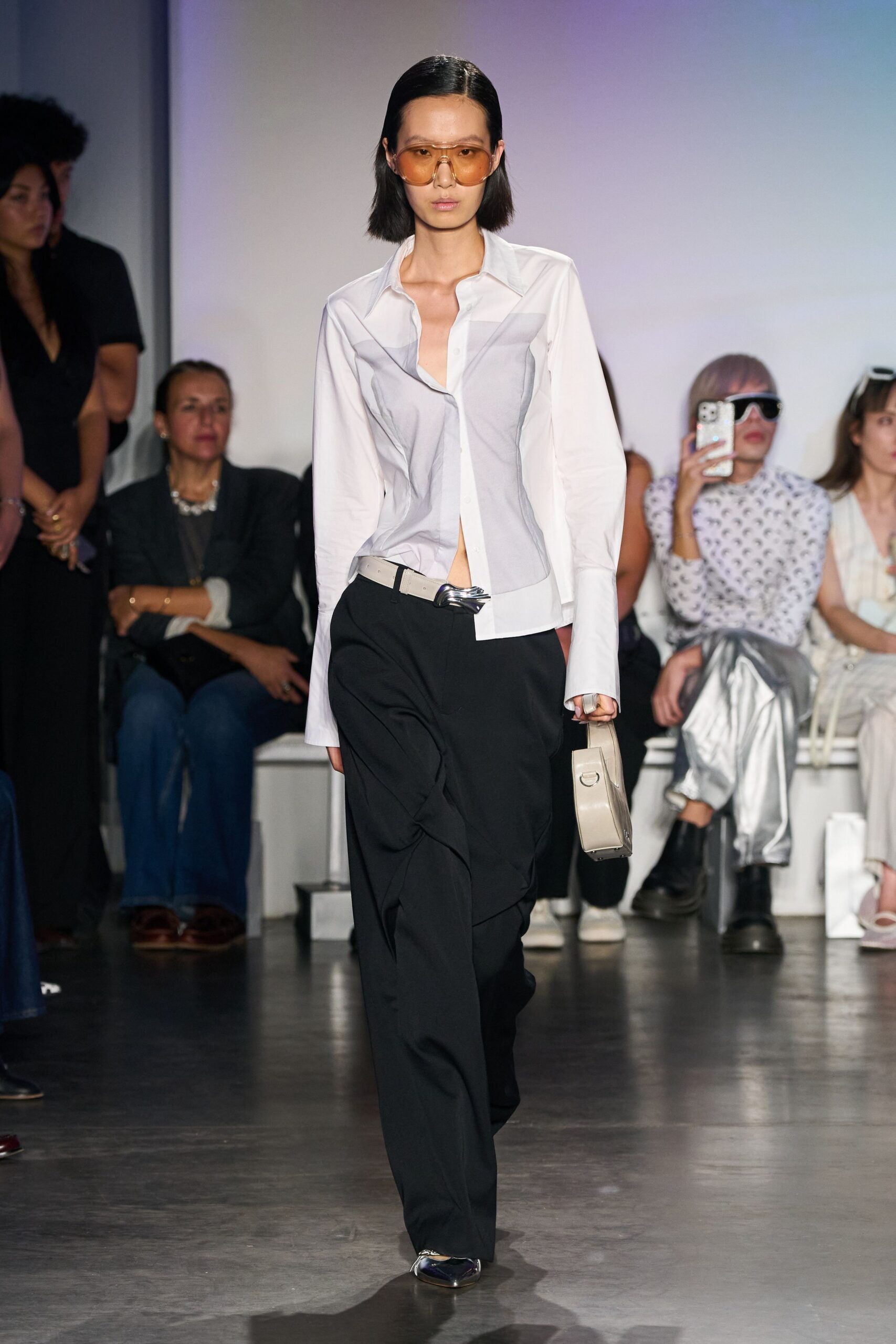 fitted white shirt with relaxed black pants