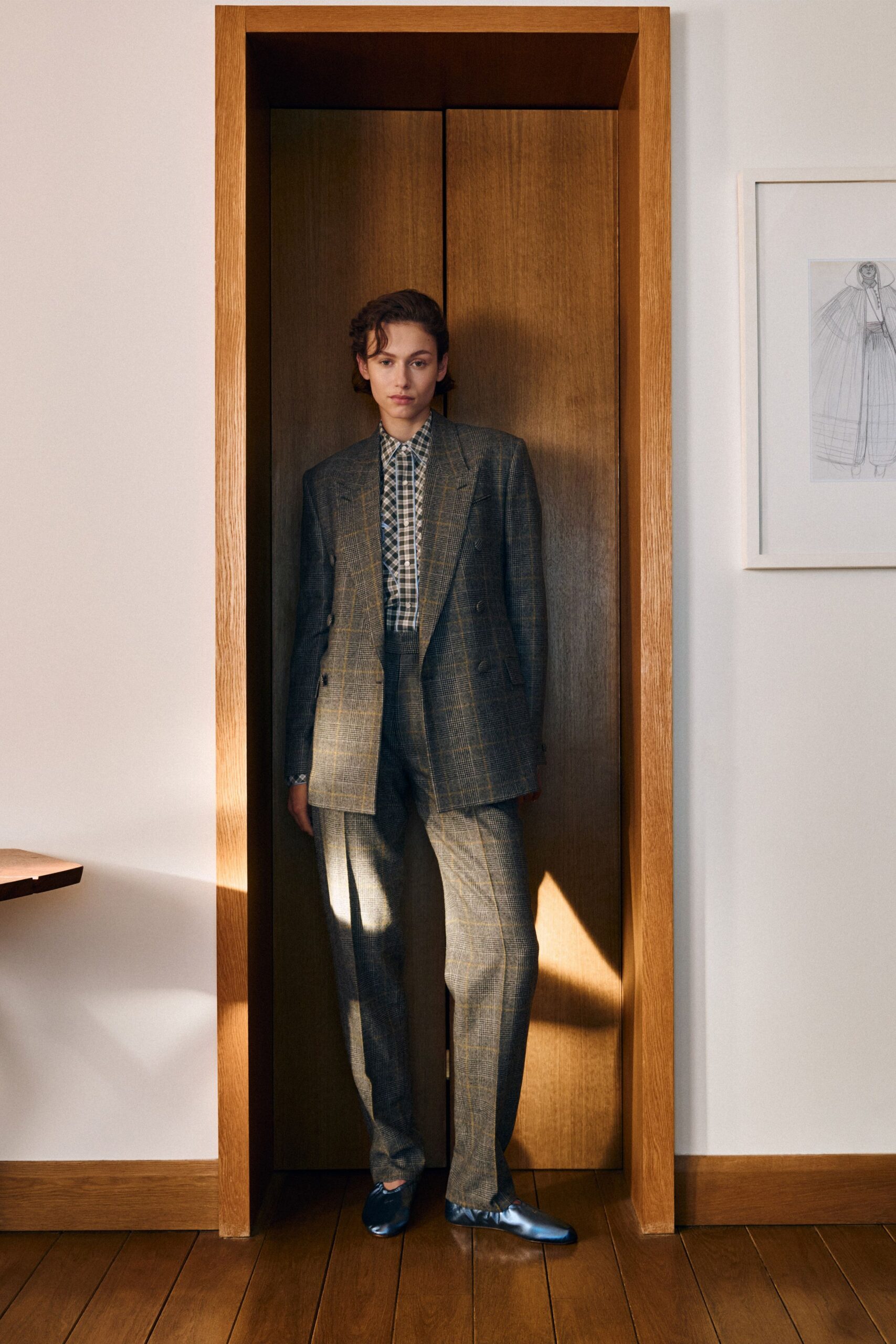 gray wool long-sleeve collared tailored checked suit