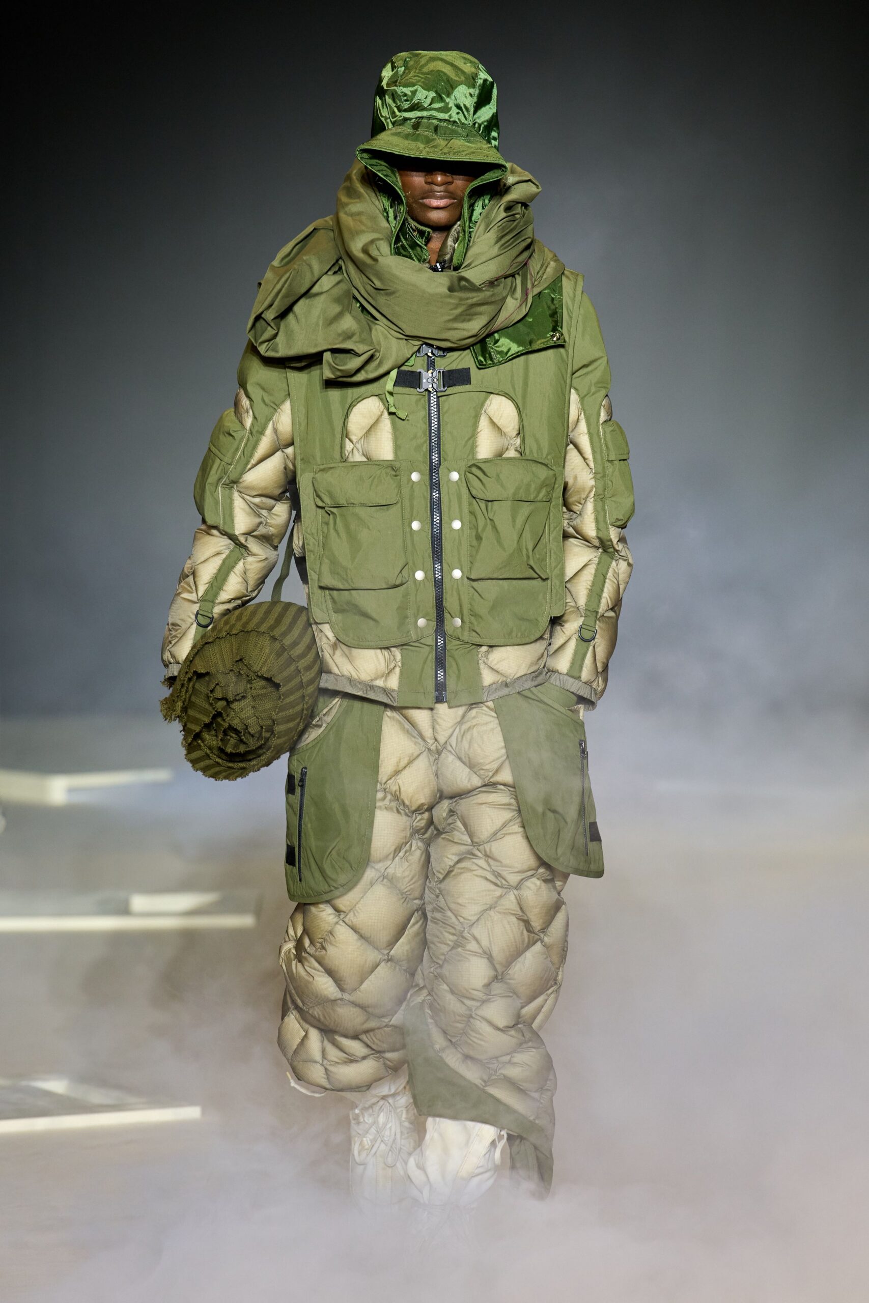 green padded jacket and pants