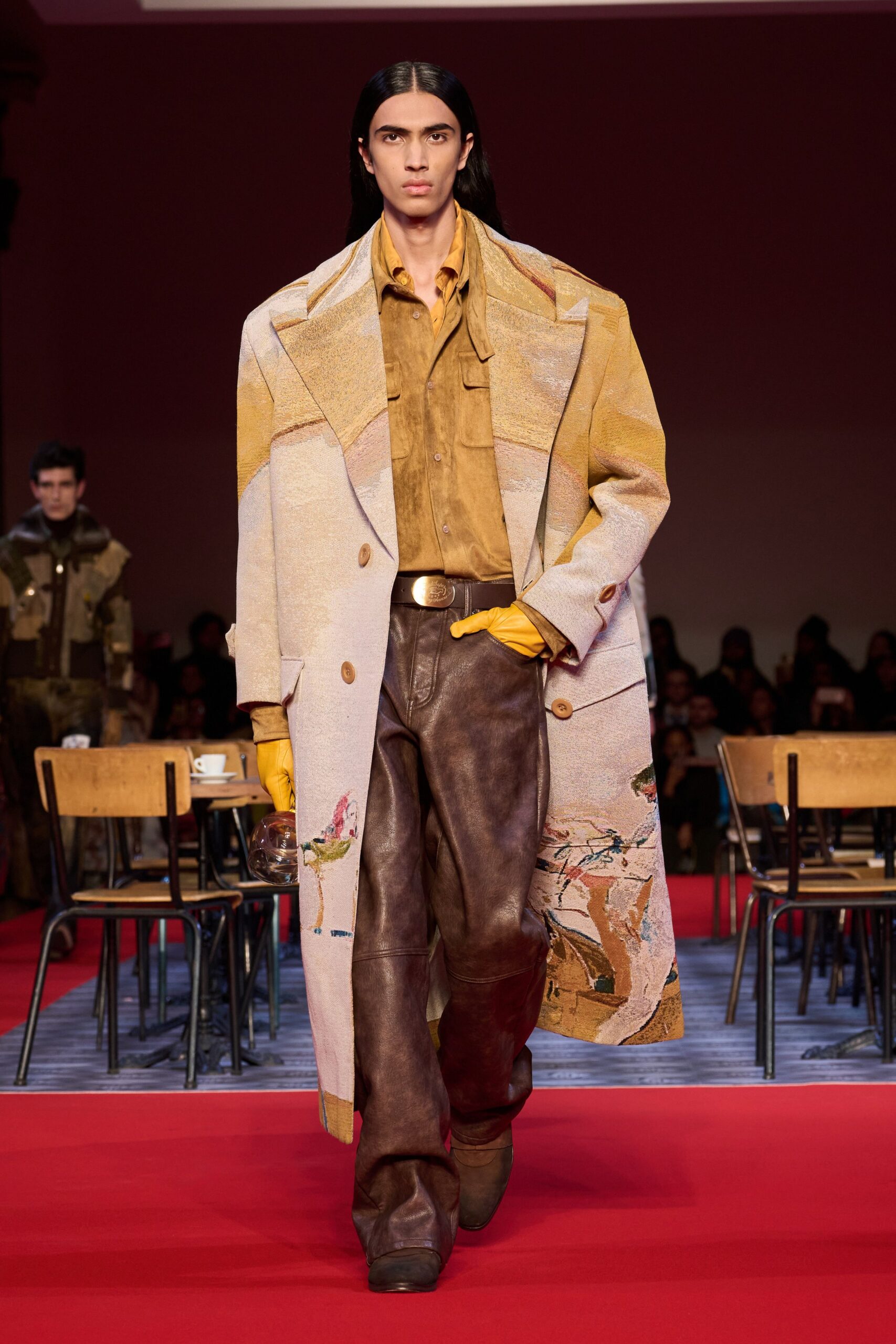 beige wool long-sleeve collared relaxed embroidered coat