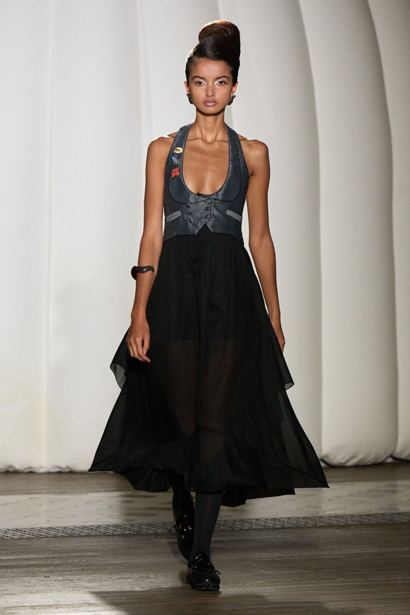 black cotton sleeveless v-neck fitted layered pleated dress